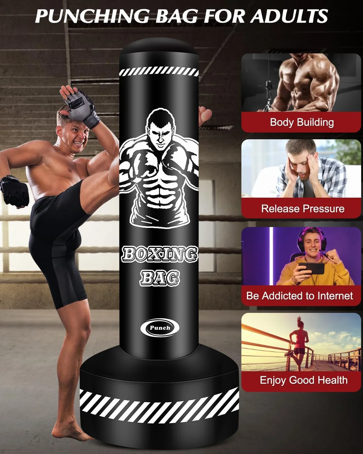 Saco de Boxeo para Adultos 180 cm Inflable Pesado con Soporte Kickboxing Artes Marciales Mixtas