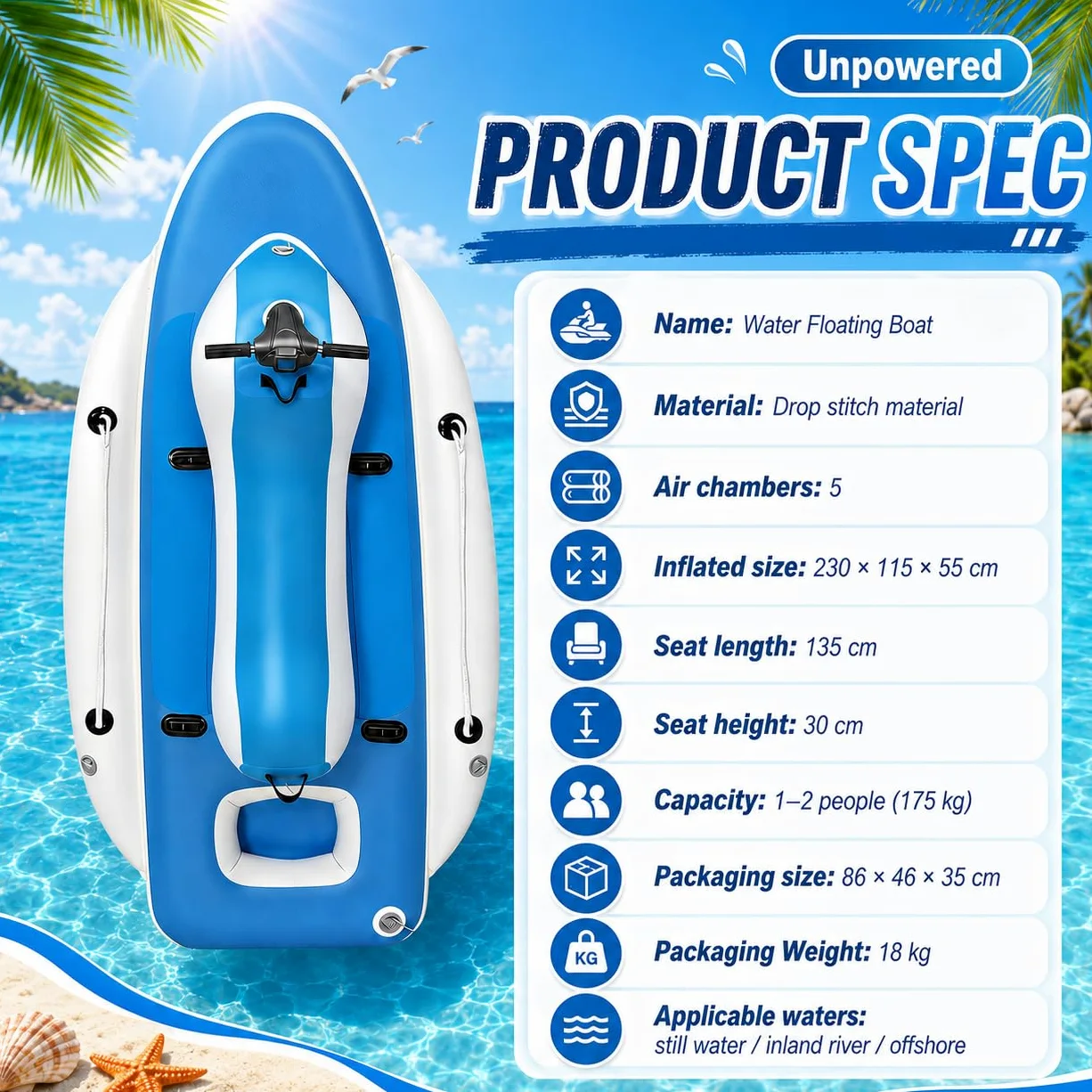 Barca Hinchable Mejorada para Snorkel y Mar Unpowered | Descubrimiento aguas profundas, doble control, maniobras rápidas, snorkel oceánico, construcción exterior