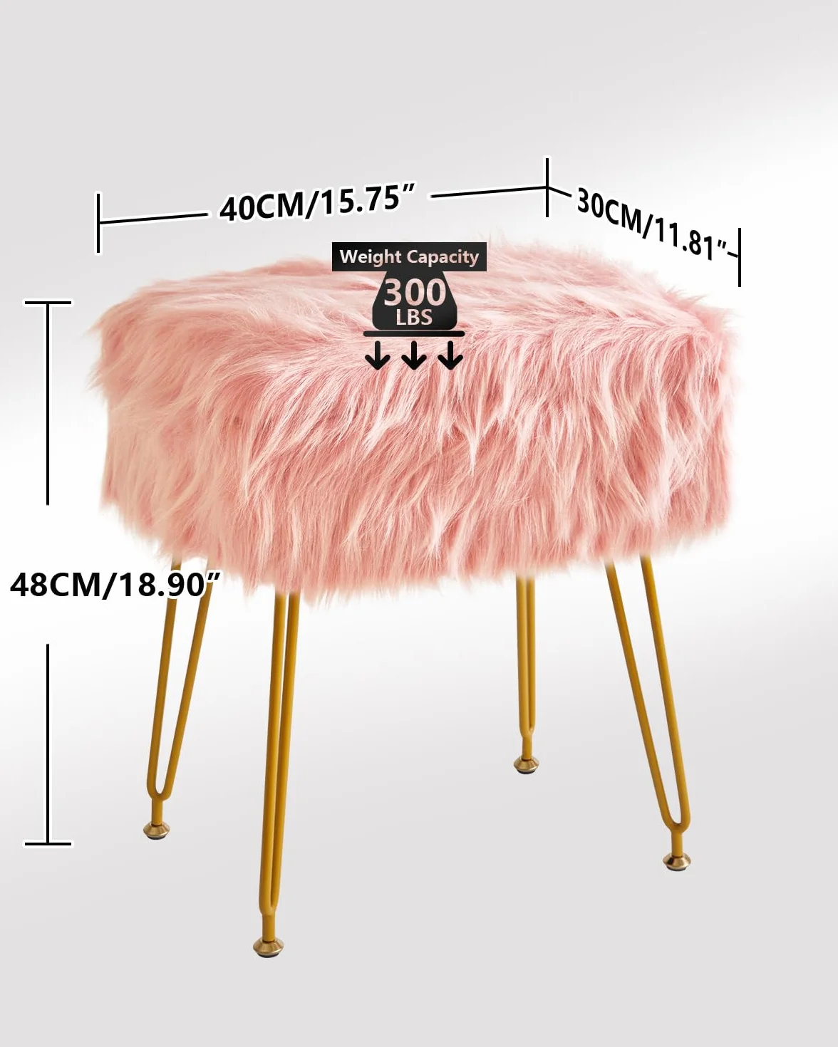 IBUYKE Rectangular Faux Fur Vanity Stool with Storage, Makeup Chair Ottoman, Soft Padded Seat, Round Footrest, Metal Legs, Pink