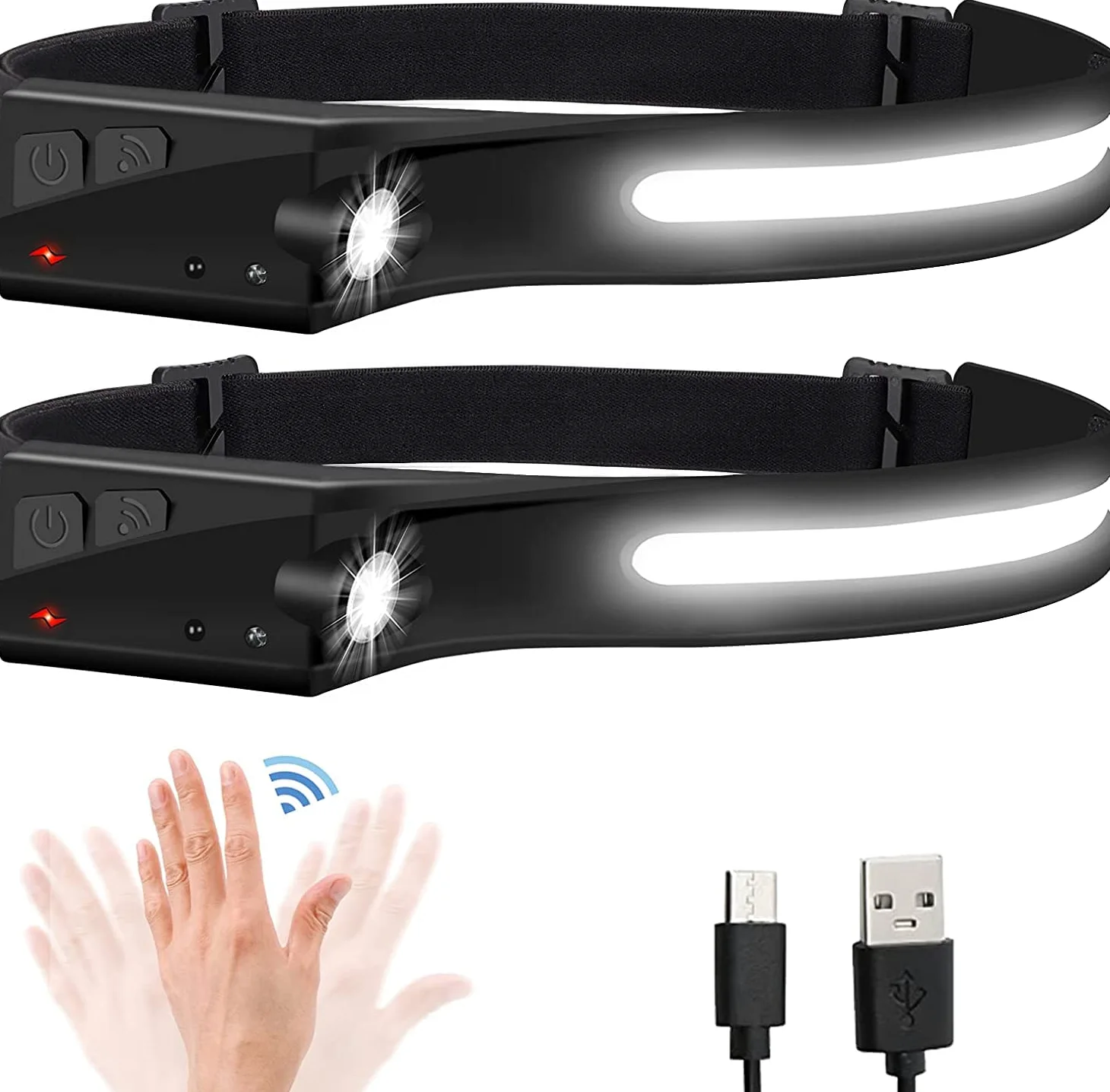 Linterna frontal, paquete de 2 faros LED recargables de 1200 lúmenes, 2 COB de haz ancho de 230° con sensor de movimiento brillante, 5 modos, ligera, impermeable, para correr, acampar y senderismo