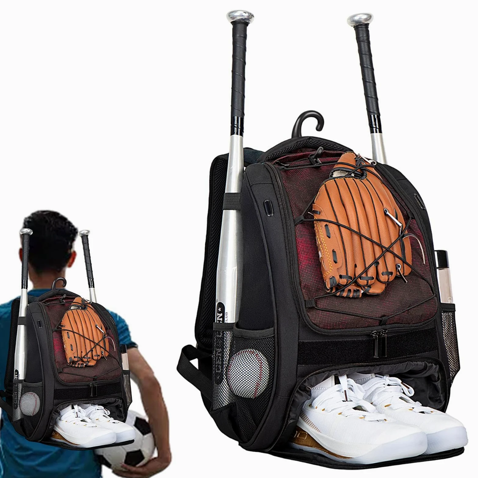 Mochila de béisbol para niños con compartimento para zapatos, mochila de sóftbol | Mochila de béisbol juvenil de gran capacidad para cascos, murciélagos, equipo para jóvenes y adultos, zapatos