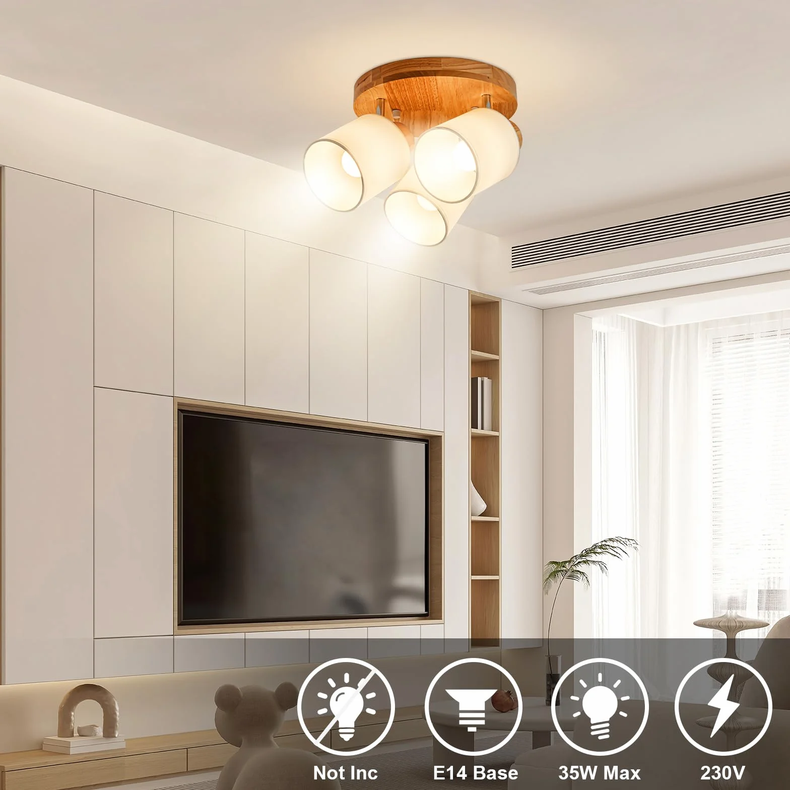 Lámpara de Techo 3 Focos Orientable Redonda Madera E14 Retro Aplique Pared Interior Giratorios