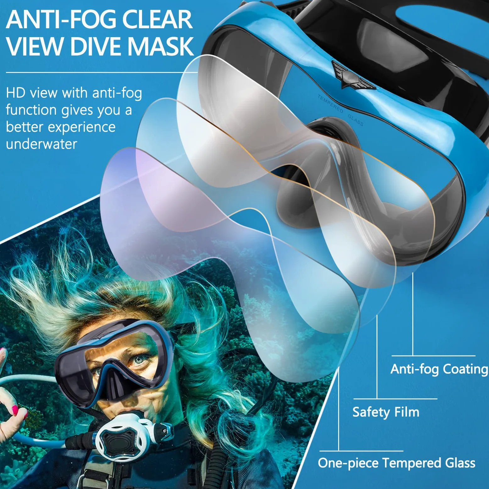 Gafas de natación, gafas de buceo antivaho con cubierta para la nariz, máscara de buceo de silicona antifugas para adultos, máscara de natación de vidrio templado HD de 180 grados para esnórquel con