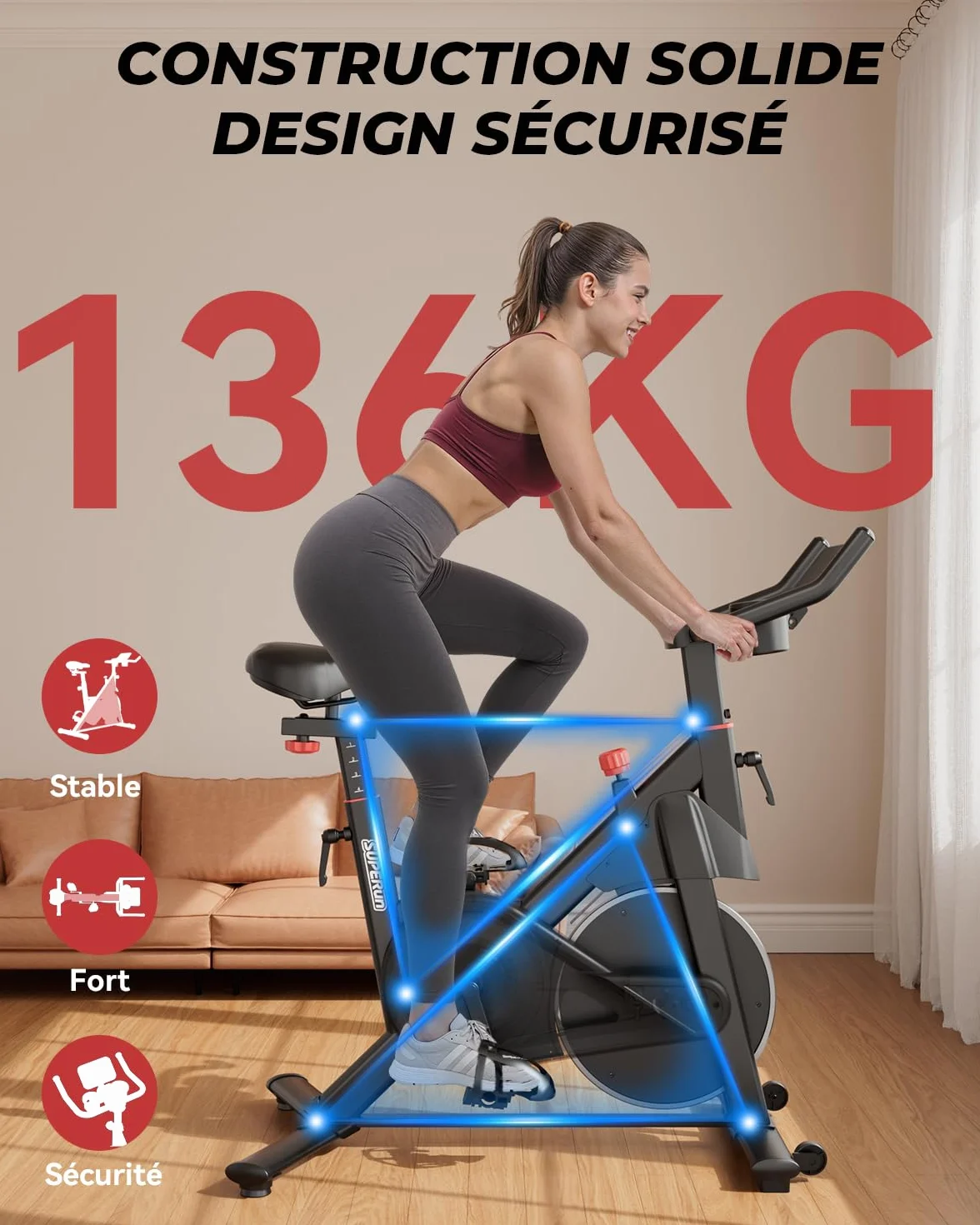 Superun Bicicleta Estática para Interior, Bicicleta Estacionaria con Resistencia Magnética Ajustable, Bicicleta Estacionaria con Pantalla LCD y App, Capacidad de Carga de 136 kg