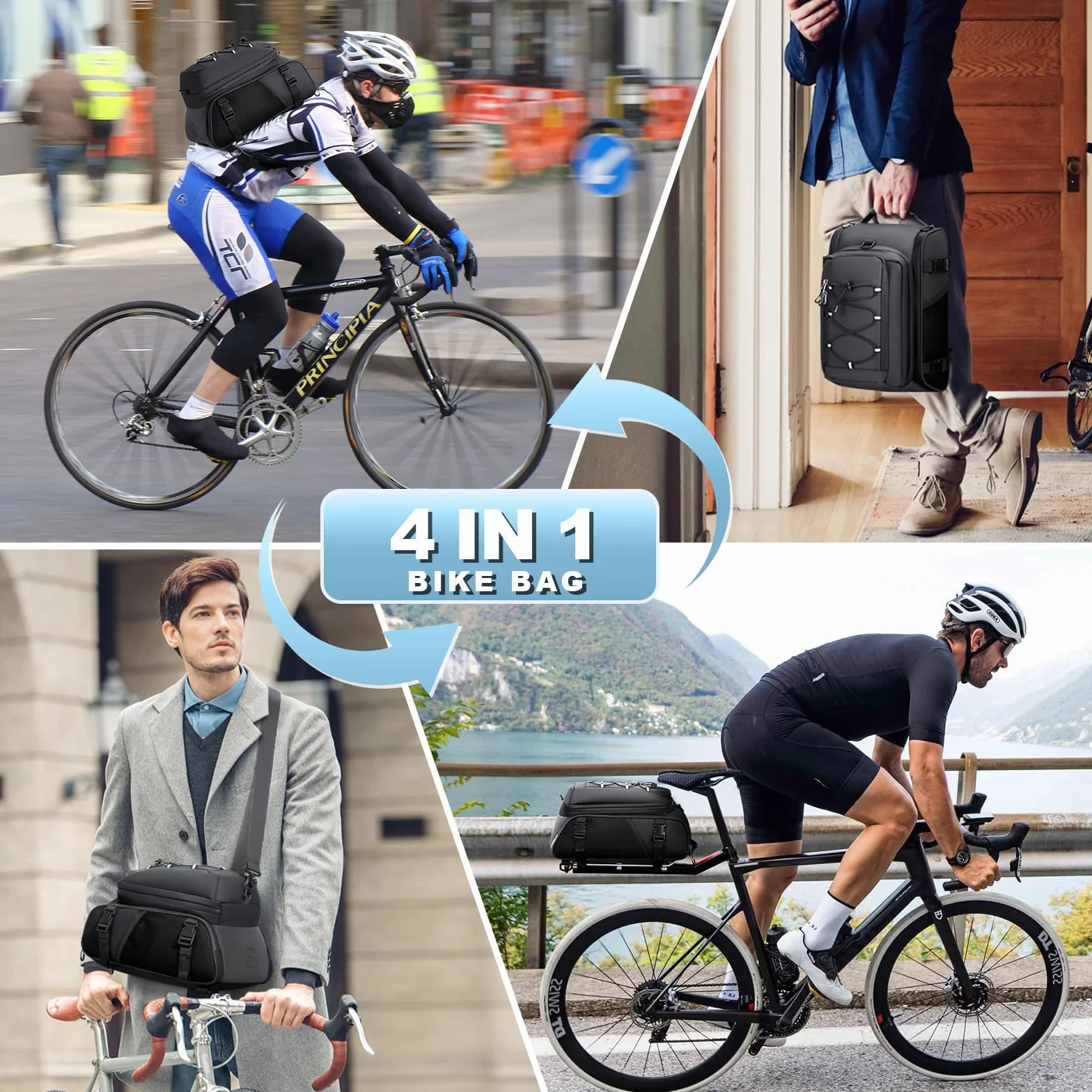 RAINSMORE 3 en 1 Alforjas Bicicleta 15L Bolsa Trasera con Cubierta de Lluvia y Bandolera, Impermeable y Reflectante, como Maleta Bicicleta,Bolso Bandolera