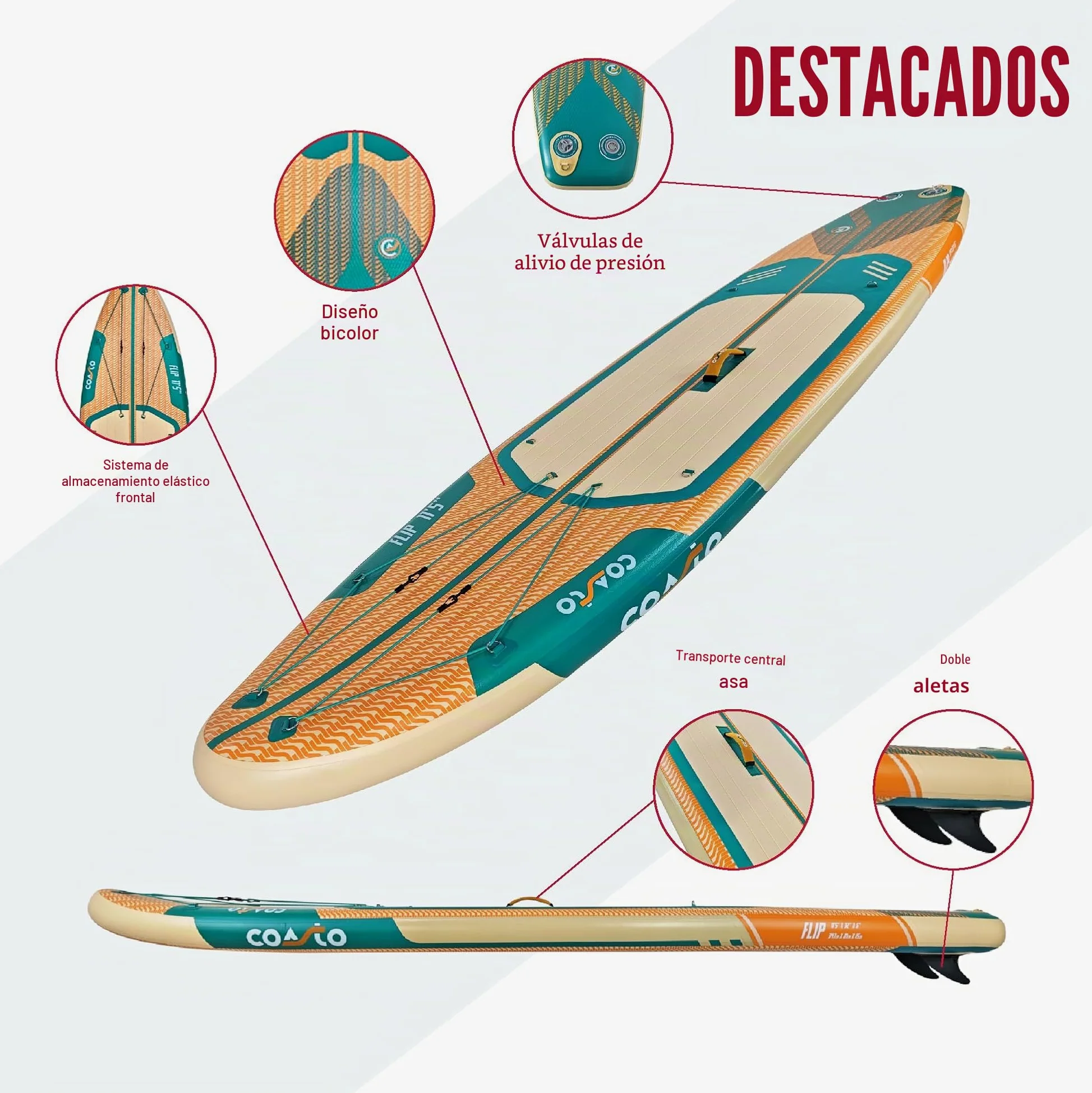 Coasto – Sup Stand Up Paddle Inflable Coasto Flip 11'5 – PB-CFLIP115-348x81x15 cm Dropstitch Woven – Paquete Completo – Paleta Leash Bomba Bolsa de Transporte – hasta 150 kg – Naranja