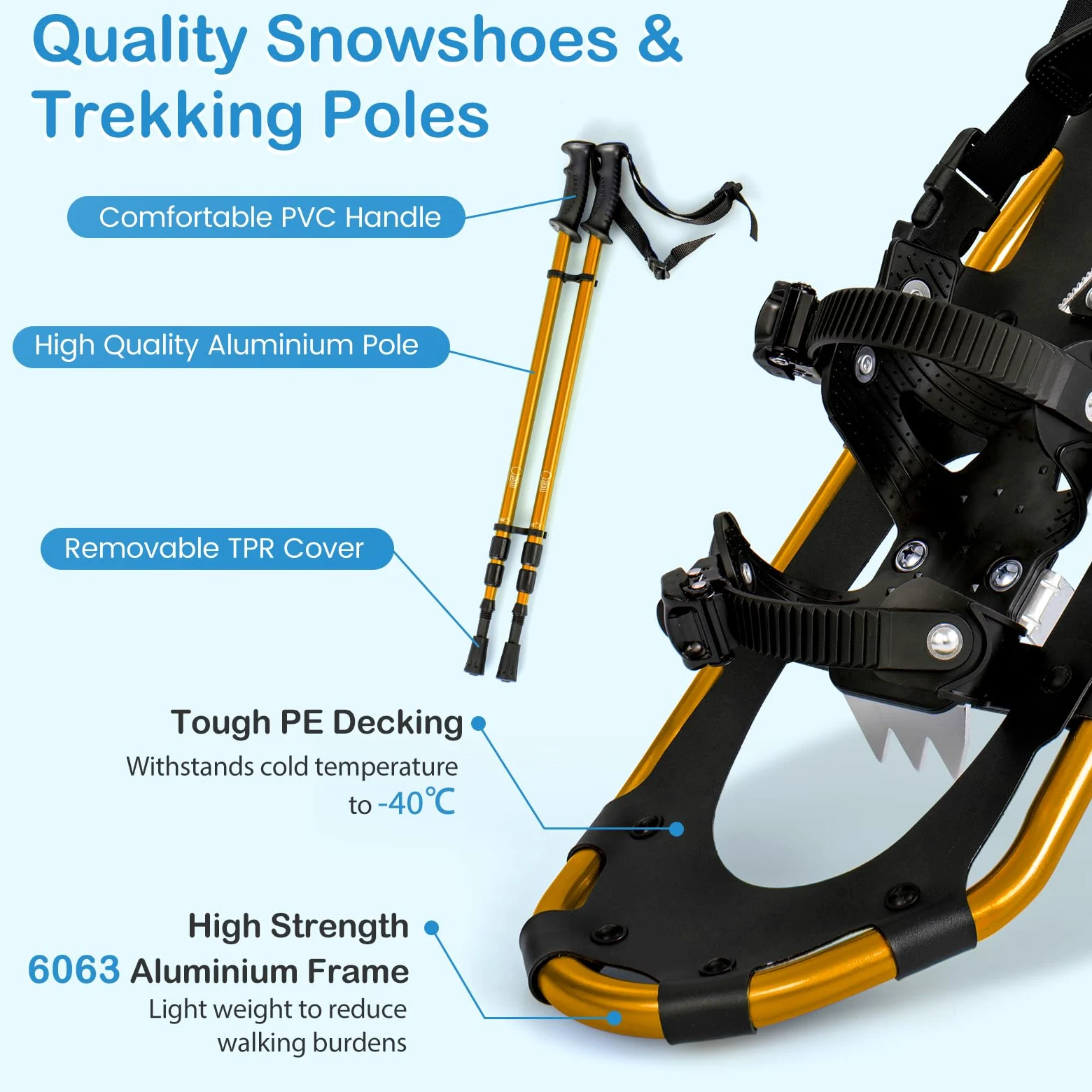 SOARS Kit de Raqueta de Nieve 4 en 1, Raquetas de Aluminio con Bastón Telescópico, Bolsa de Almacenamiento, Polainas Impermeables, para Mujeres, Hombres, Niños