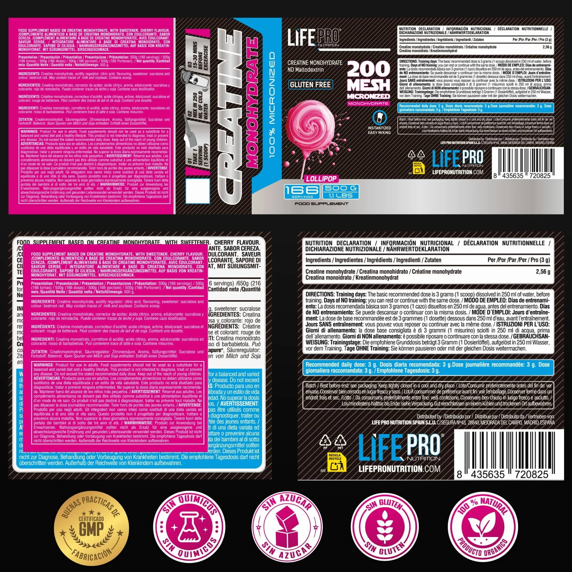 Life Pro Creatina Monohidratada 200 Mesh Micronizada, 99.9% Pureza, 500g