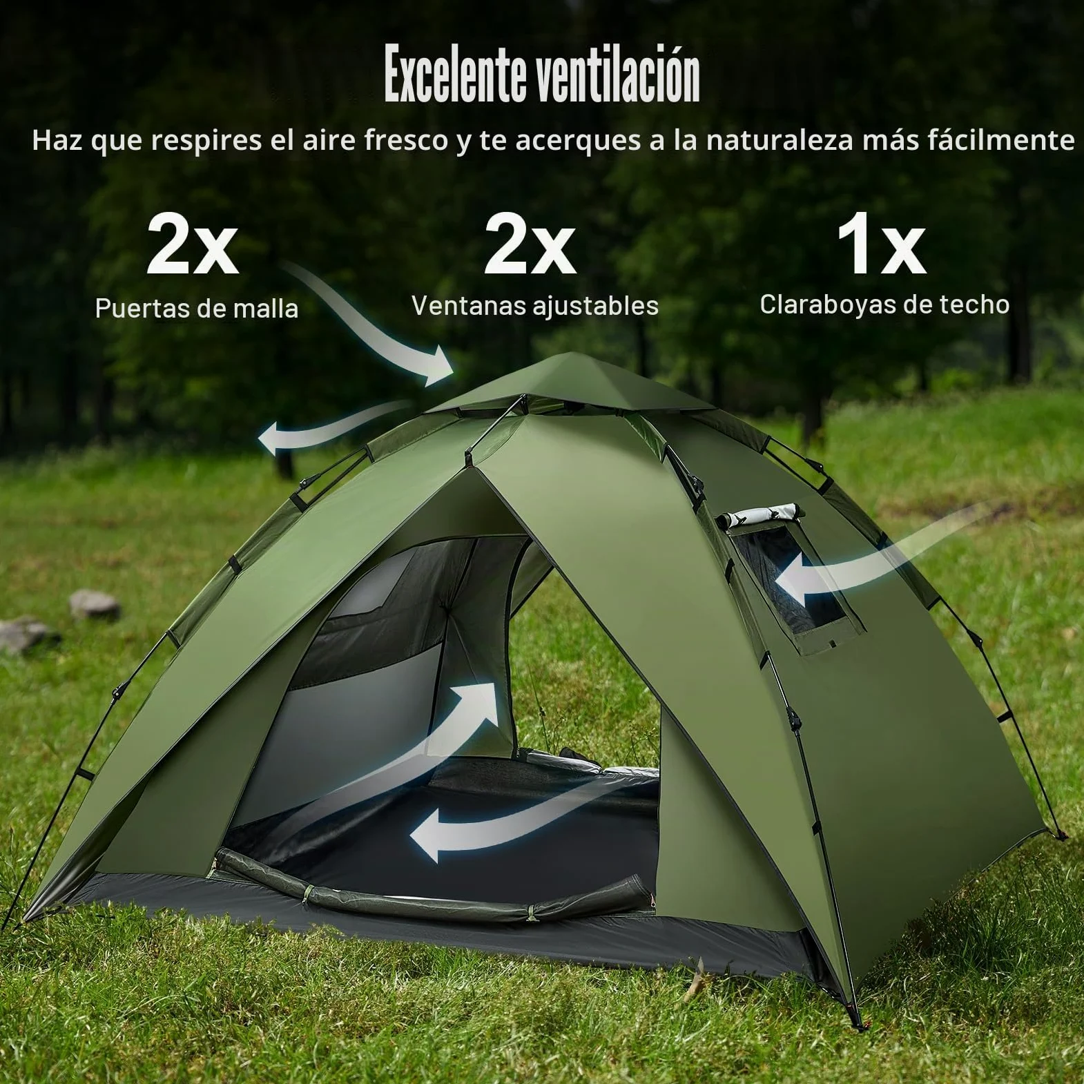 Tienda de campaña Automática para 4 Personas 230 * 230 * 150CM Pop Up Tienda instantánea para 4 Estaciones Protección UV 2 en 1 Doble Capas Tienda Campismo Plegable Familia Cúpula Carpa