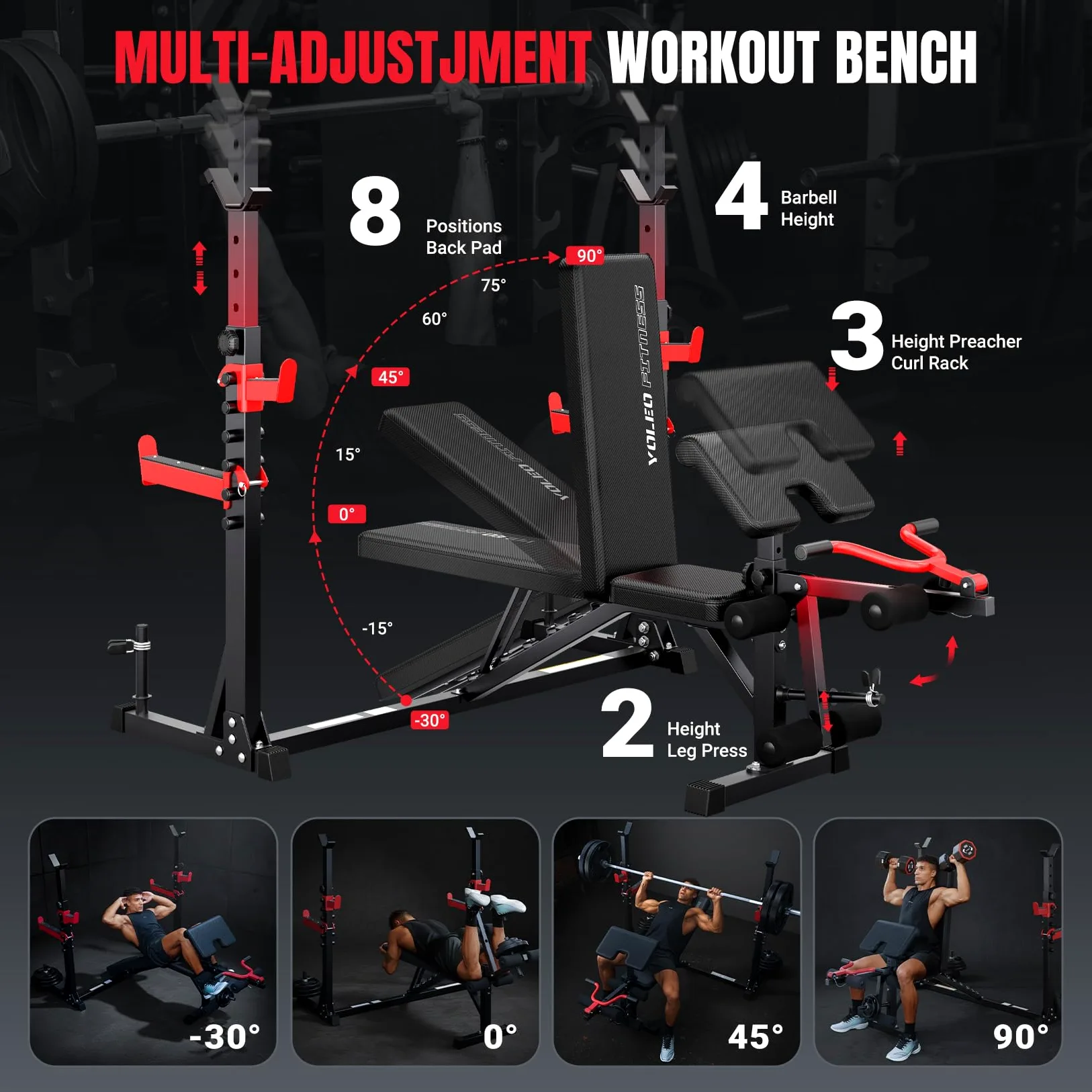 YOLEO Banco de Pesas Ajustable - Banco de musculación plegable para gimnasio en casa, Banco de trabajo de alta resistencia, banco abdominal inclinado/declinado