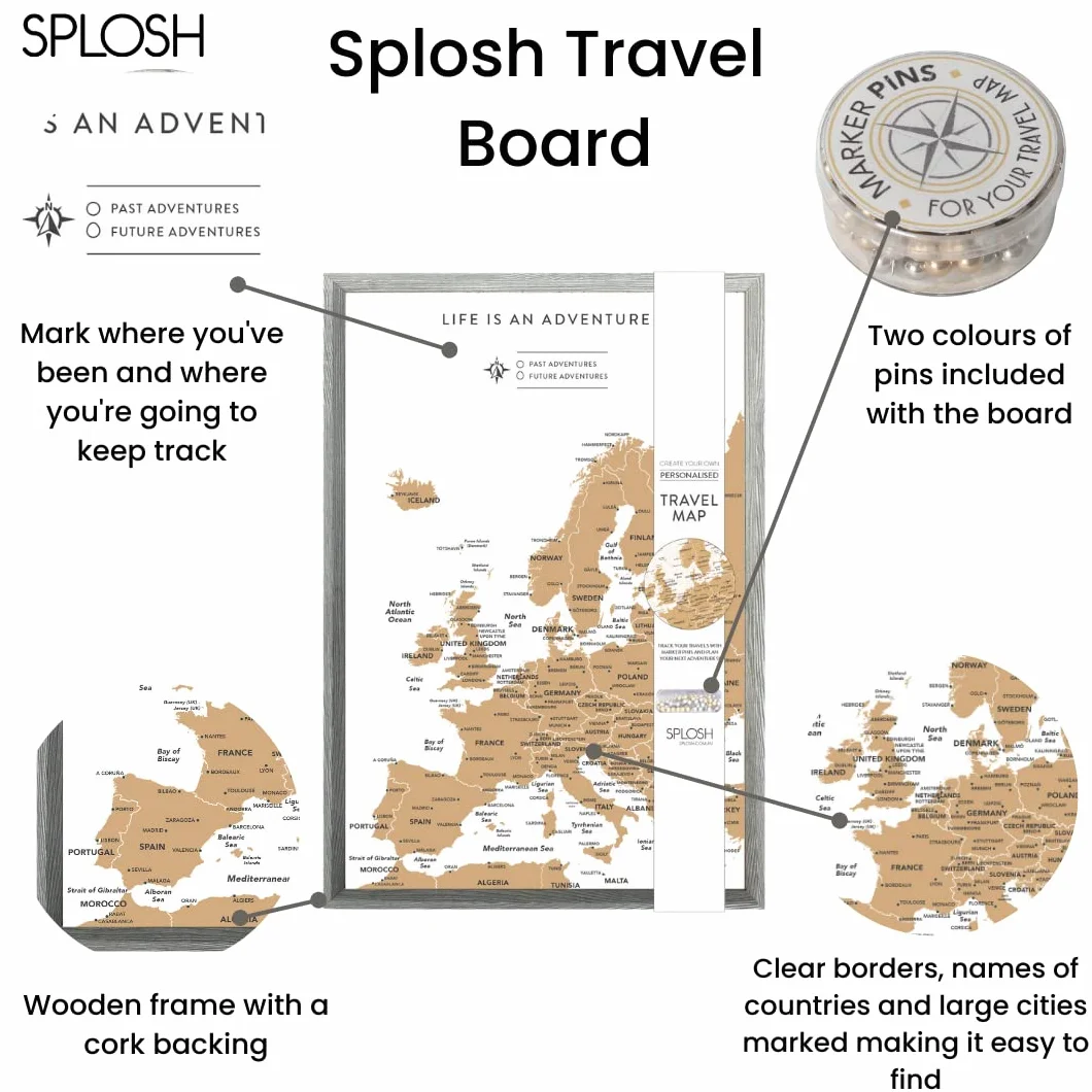 Splosh Tablero de Chinchetas de Viaje Pequeño Europa Marco de Madera Gris 100 Chinchetas