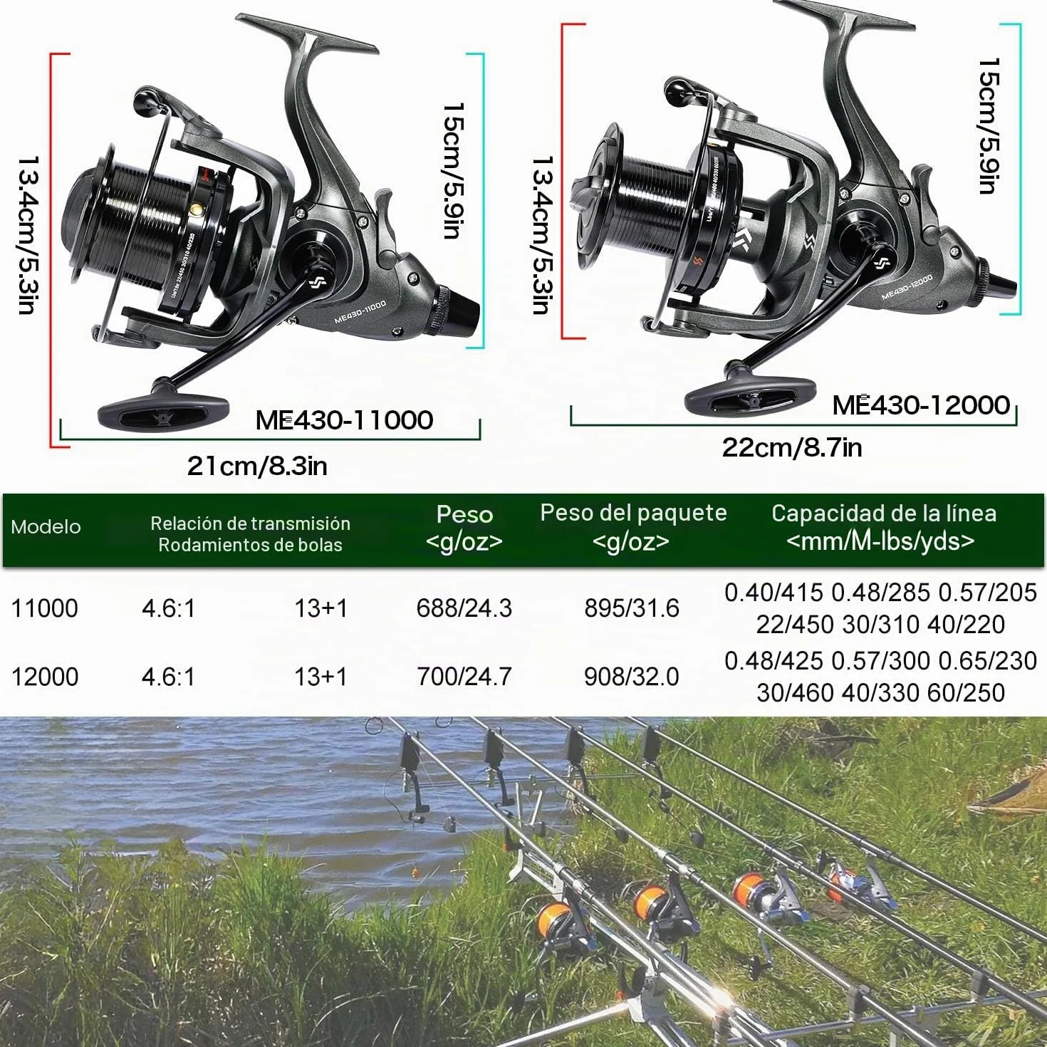 Sougayilang ME430 - Carrete de carpa, 11000/12000, gran capacidad de línea, carretes de pesca de surf/carpa, 13+1BB, suaves y potentes, relación de engranaje 4.6:1 para agua salada y agua dulce