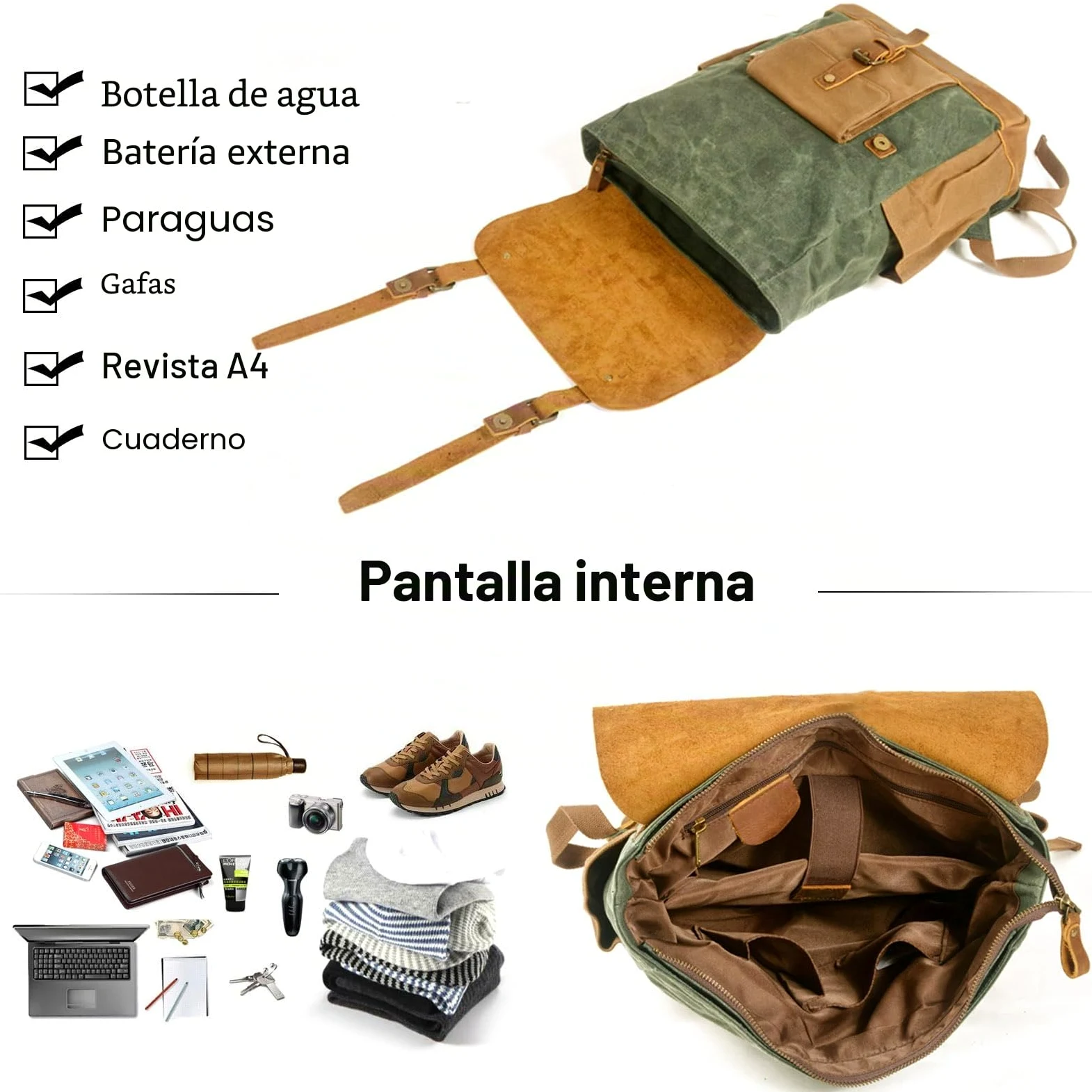 FANDARE Mochilas de Marcha Mochila Hombre Macutos de Senderismo Lienzo Mujeres Mochila Vintage de Lona Mochilas de Ciclismo Mochila Trekking al Aire Libre Viaje Excursionismo Daypacks Verde