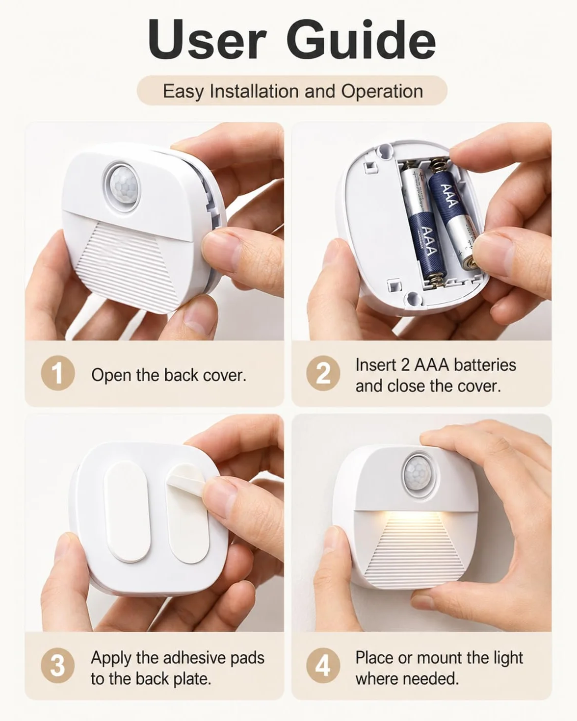 Luz nocturna LED con detector de movimiento, 4 unidades, funciona con pilas, interior para escaleras y pasillo