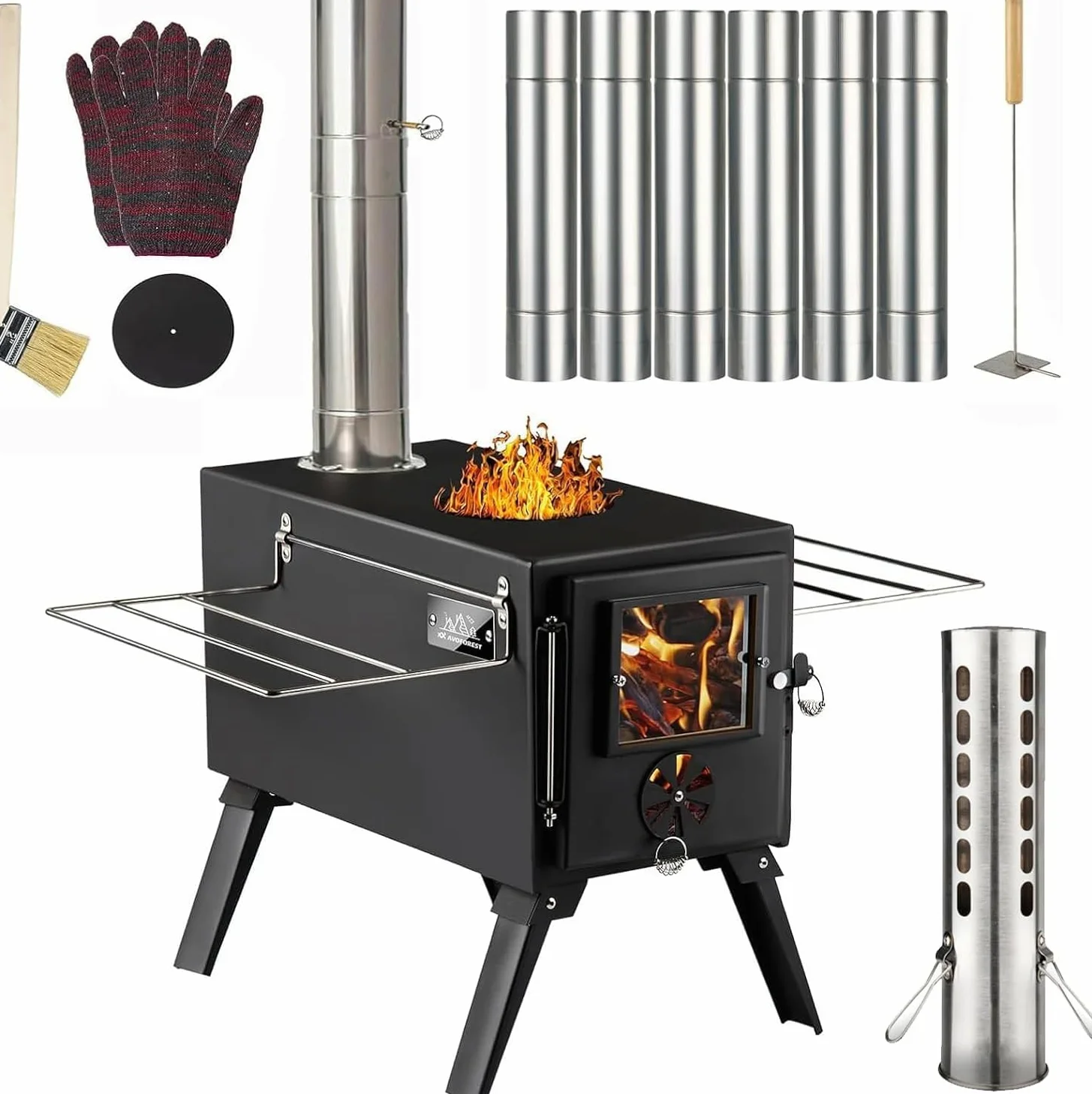 Estufa de tienda de campaña, estufa de leña portátil para acampar al aire libre con tubos de chimenea y guantes de acero inoxidable, estufa de leña para cocinar, calefacción, camping, tienda
