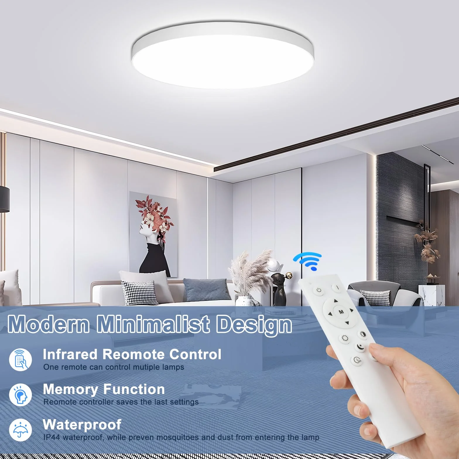 OUILA Plafon LED Regulable 24W 3000K-6500K 2000LM IP44 Lampara con Mando a Distancia Ø28cm