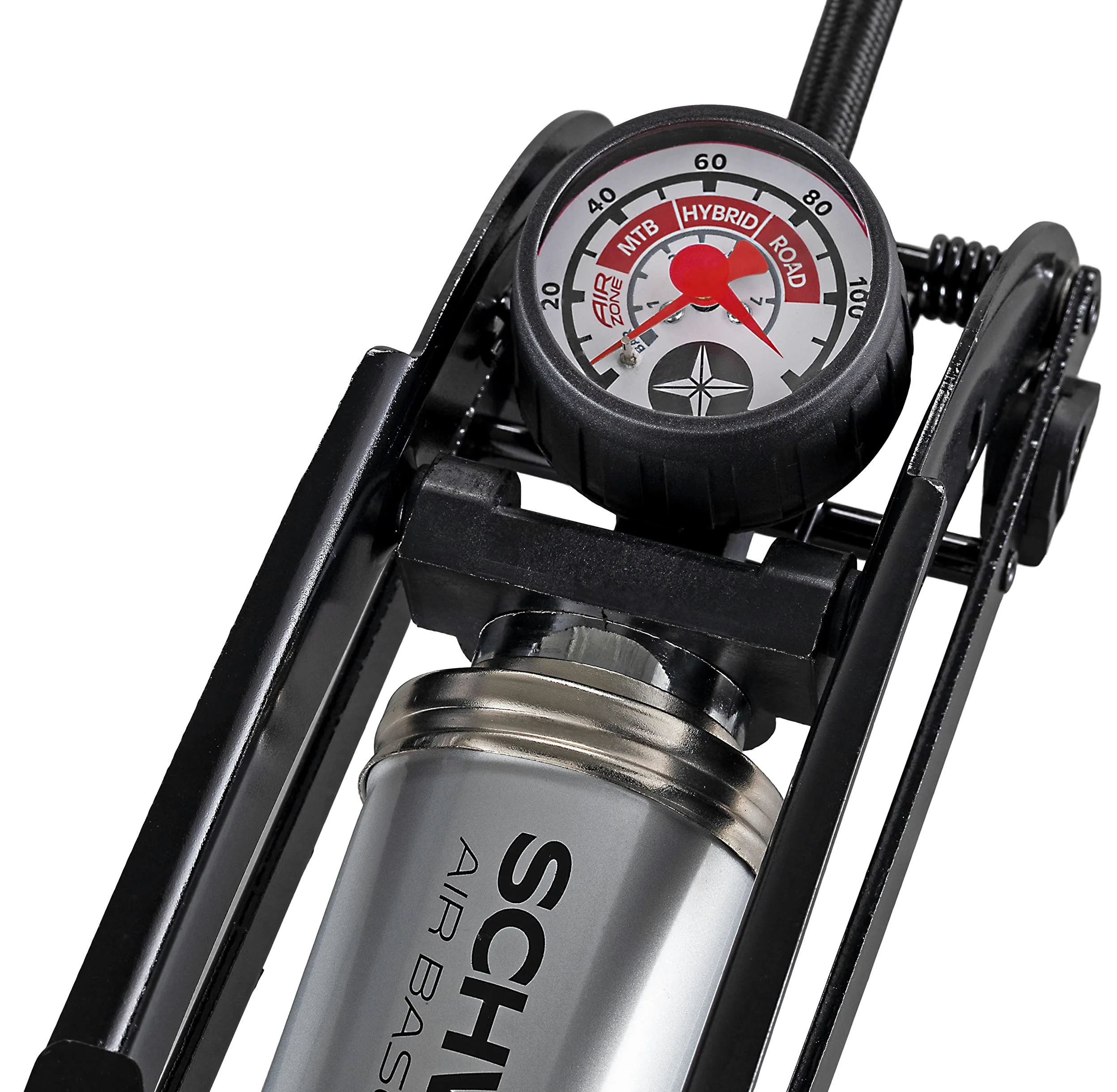 Schwinn Bomba de Bicicleta con Base de Aire, Cabezal de Bomba Doble, se Adapta a válvulas Presta y Shrader, MAX PSI 100, Manguera de Tela de 23 Pulgadas, Calibre fácil de Leer, Gris