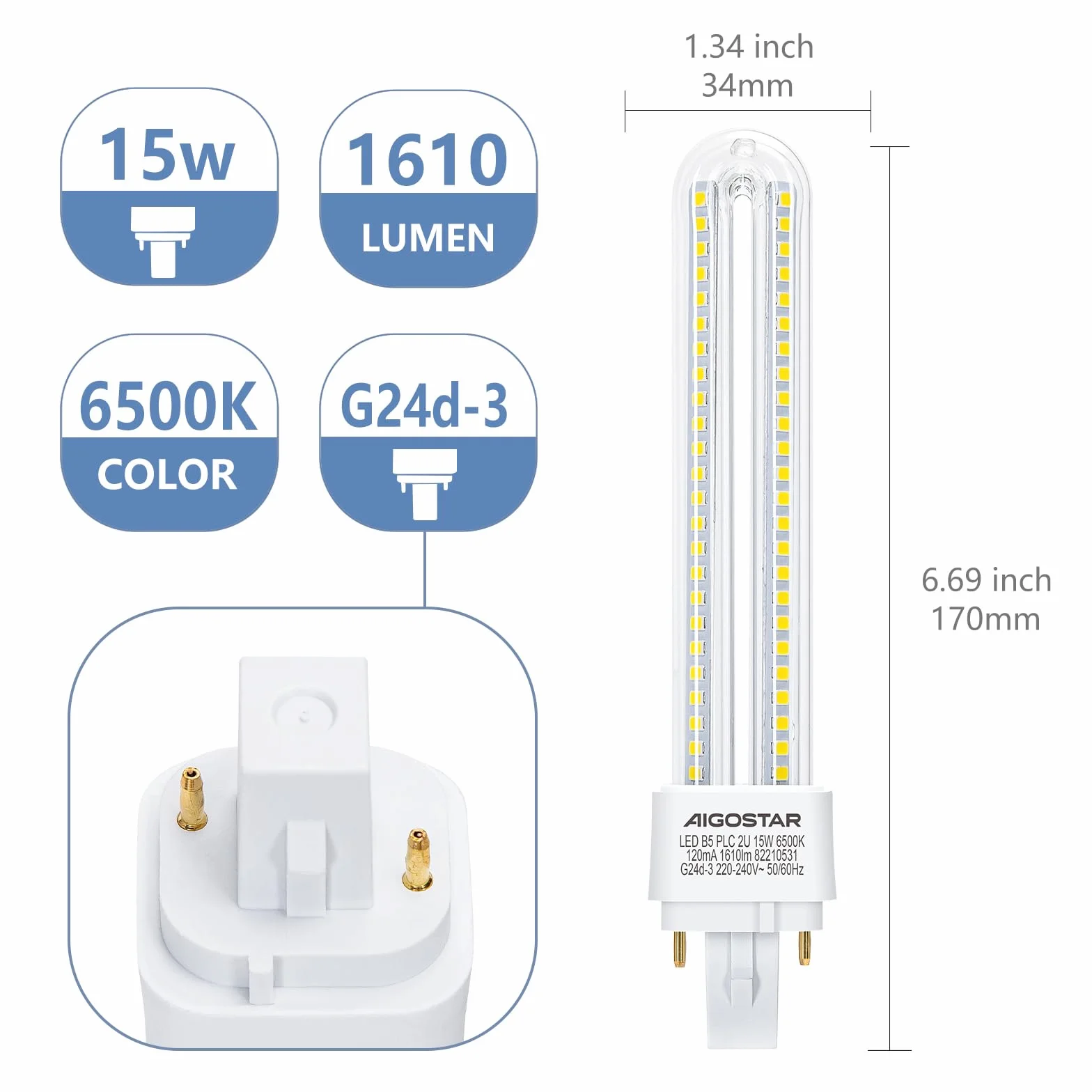 Aigostar Bombilla LED PLC 2U 15W G24d-3 6500K 1610Lm Pack 5