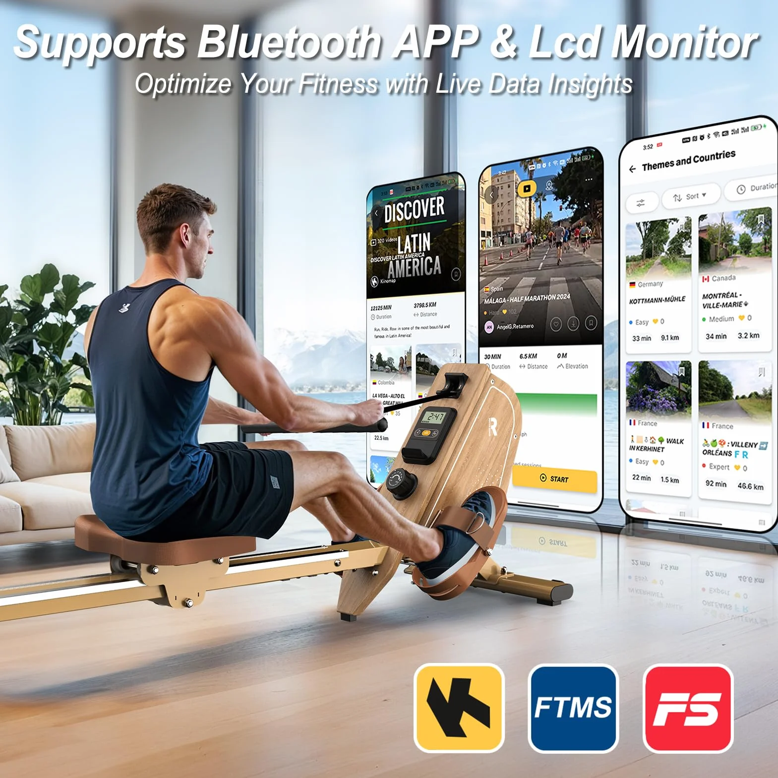 Máquina de remo para casa OR3, dispositivo de remo magnético con monitor Bluetooth, 16 niveles de resistencia, remo compacto con capacidad de peso de 150 kg, almacenamiento vertical, 2 años de