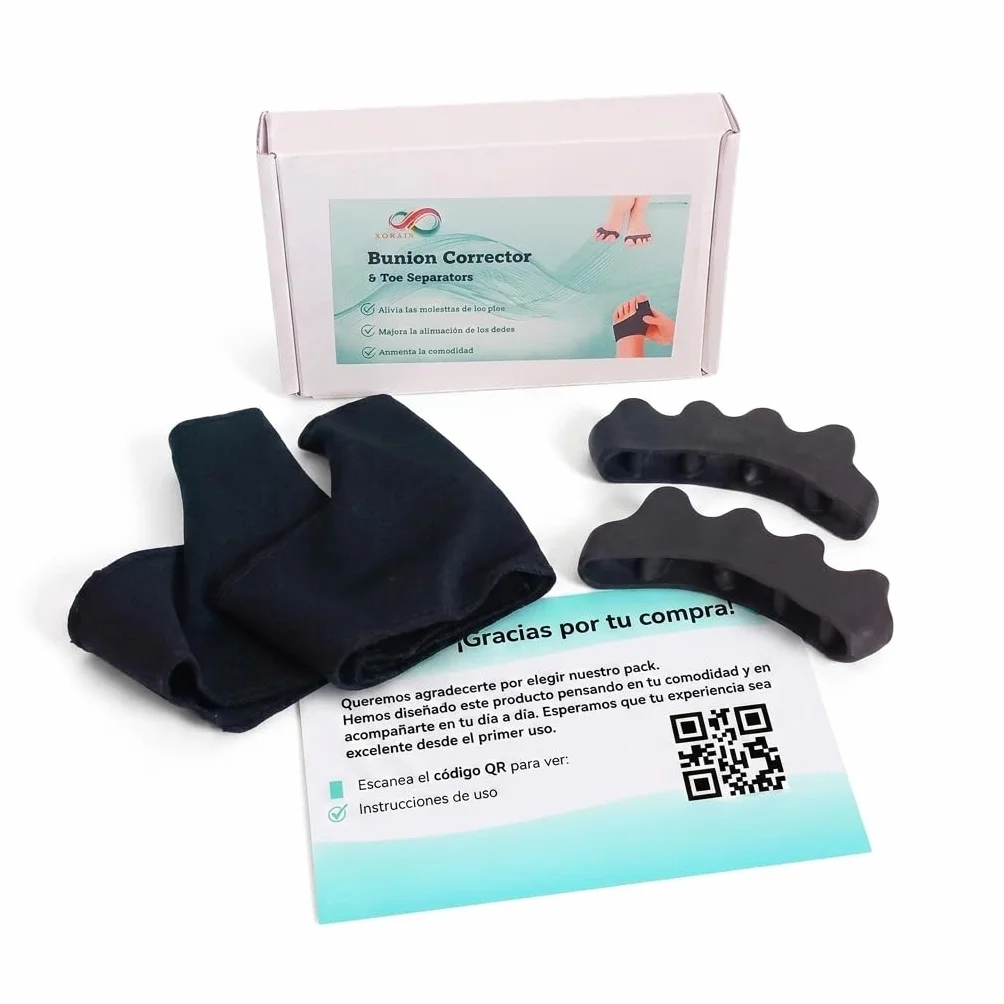 Corrector de Juanetes Separador Dedos pie Negro Férula Hallux Valcus con Almohadilla de Gel Pack 4 Piezas