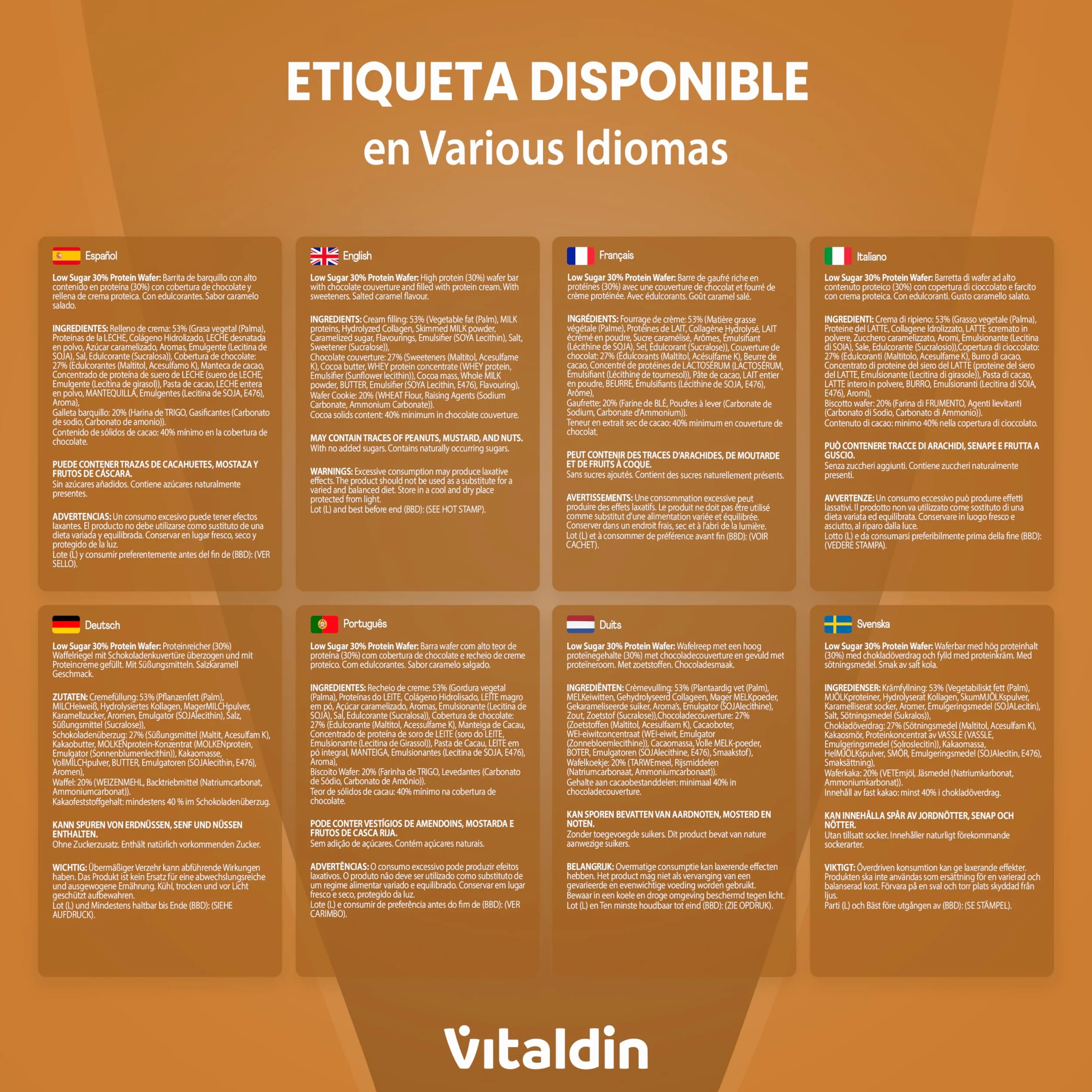VITALDIN Protein Wafer 30% Caramelo salado Barritas Proteicas sin Azúcares Añadidos Colágeno Hidrolizado