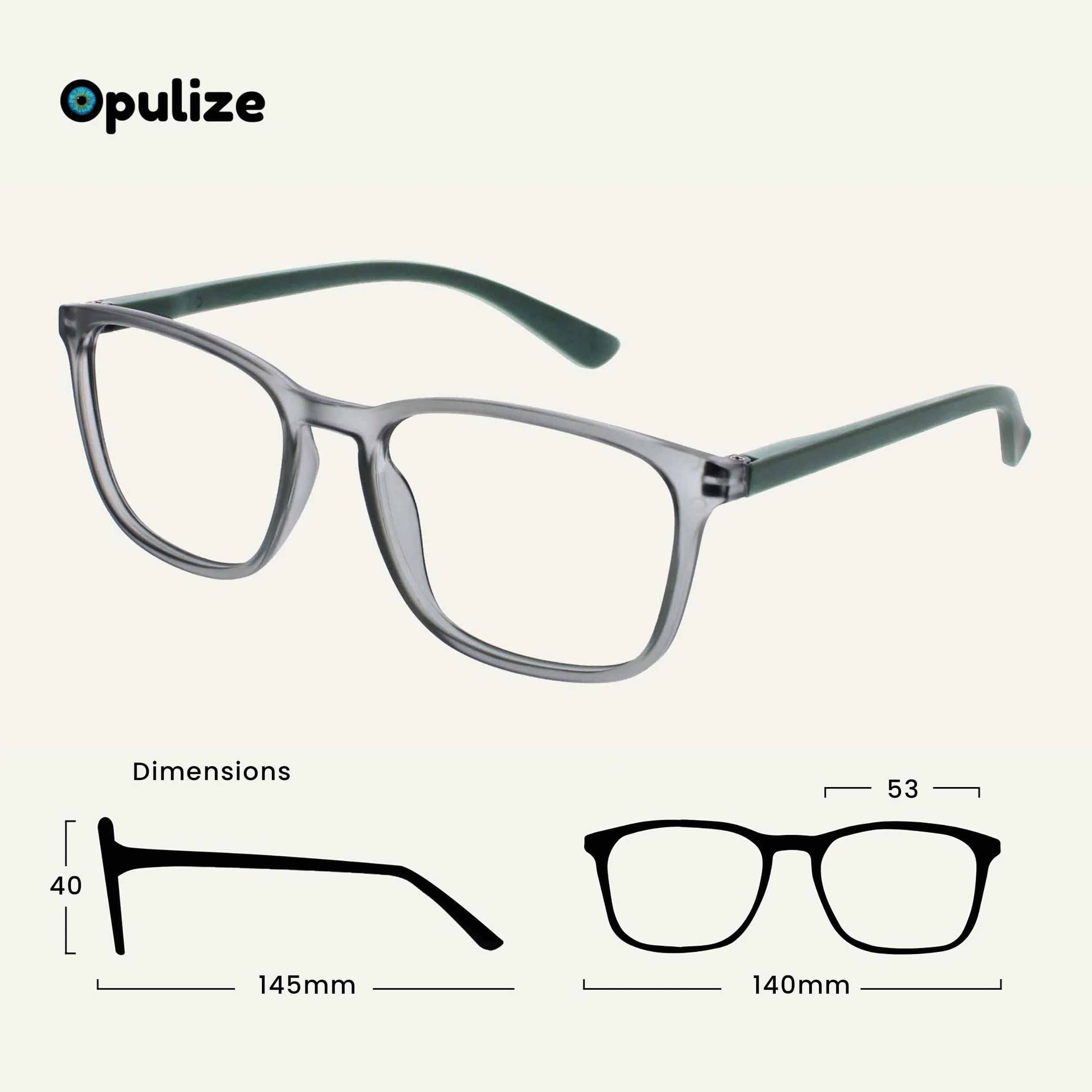 OPULIZE Max Gafas de Lectura +1.00 Marco Rectangular Clásico Grande Gris Mate Transparente Brazos Verdes Bisagras de Resorte