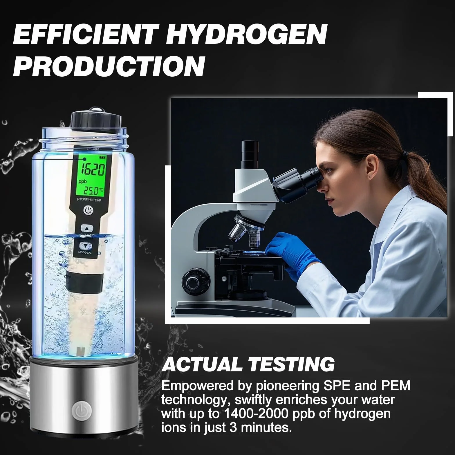 Botella de agua de hidrógeno rica en hidrógeno: tecnología SPE/PEM mejorada, botella portátil recargable de vidrio (adecuada para agua purificada y destilada)