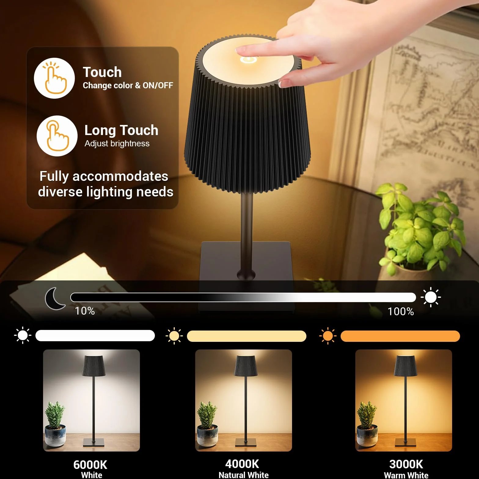 Lámpara de Mesa LED Inalámbrica Recargable con USB-C, Regulable, Negro