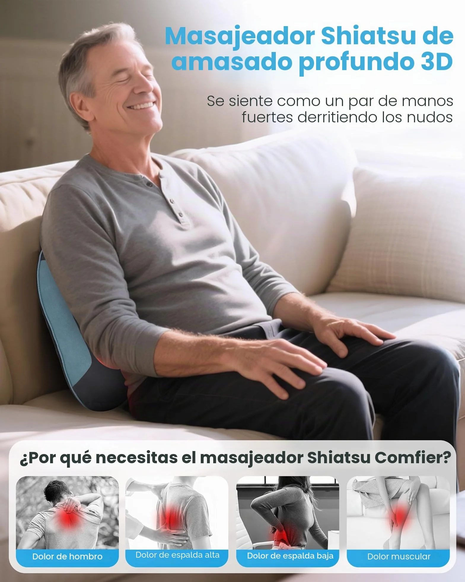 COMFIER Masajeador Cervical y Espalda Inalámbrico con Calor, Cojín de Masaje Shiatsu para Aliviar Dolor de Cuello y Hombros