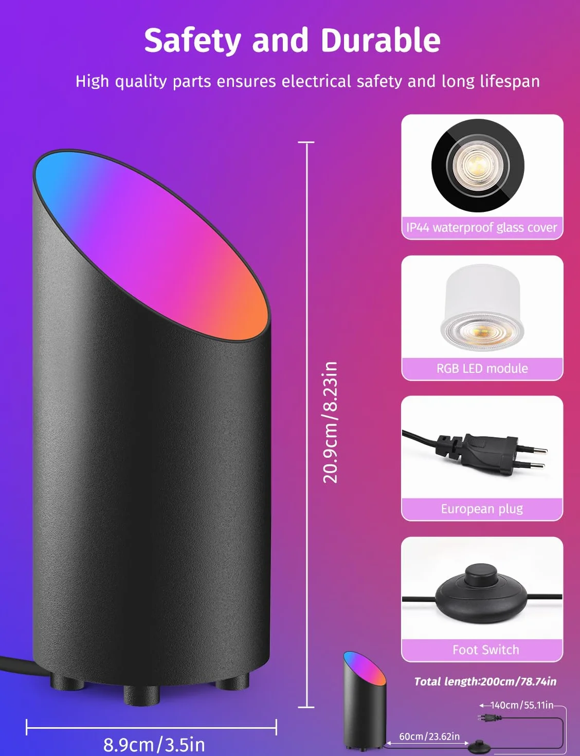 GeyouLux 5W RGBW LED Uplight Spot Regulable, Lampara Pie LED para Salon con Mando a Distancia, Control por App, Temporizador, Modo Musica, Negro 2 Piezas