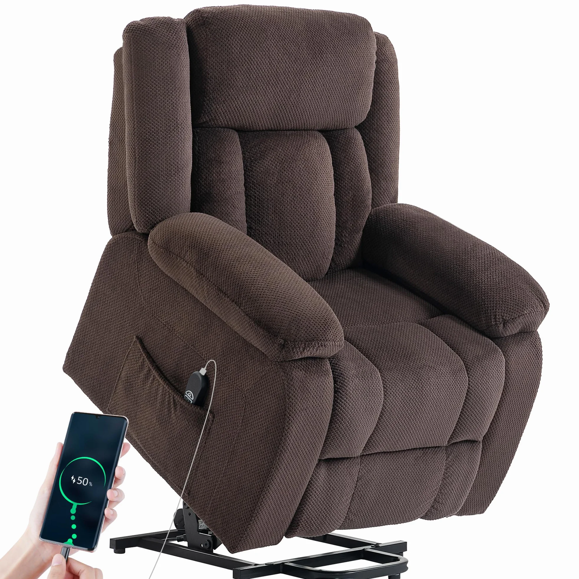 HOMCOM Sillón Relax Reclinable Eléctrico Levanta Personas con Puerto USB, Control Remoto, Asiento Ancho, Terciopelo, Marrón