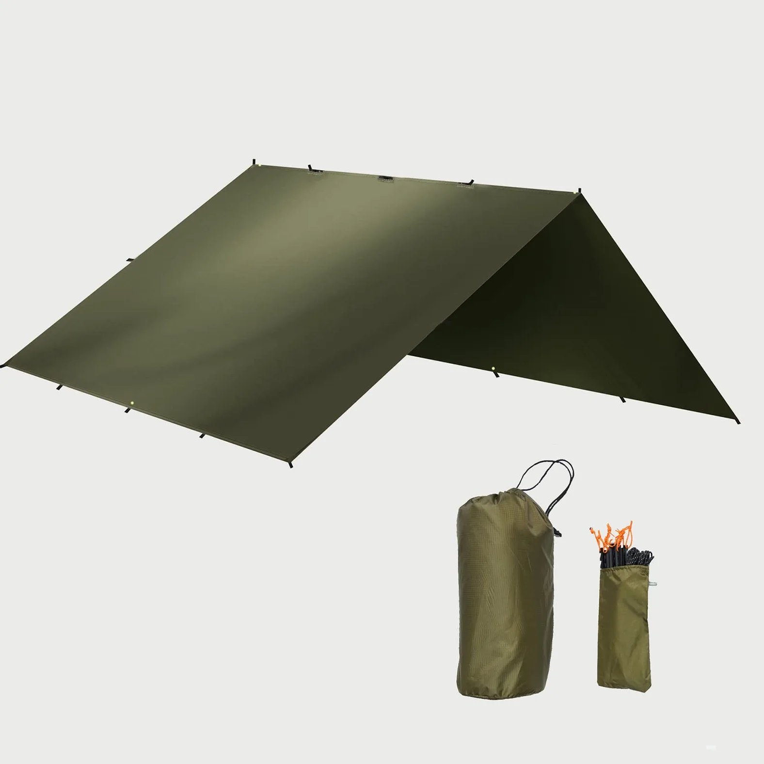 Toldo de Refugio con Cuerdas y Clavijas, Toldo Camping Impermeable 4x4M, Tienda de Campaña Hamaca Verde Oliva, Toldo de Acampada portátil y Ultraligera para Picnic Pesca, Camping, Senderismo