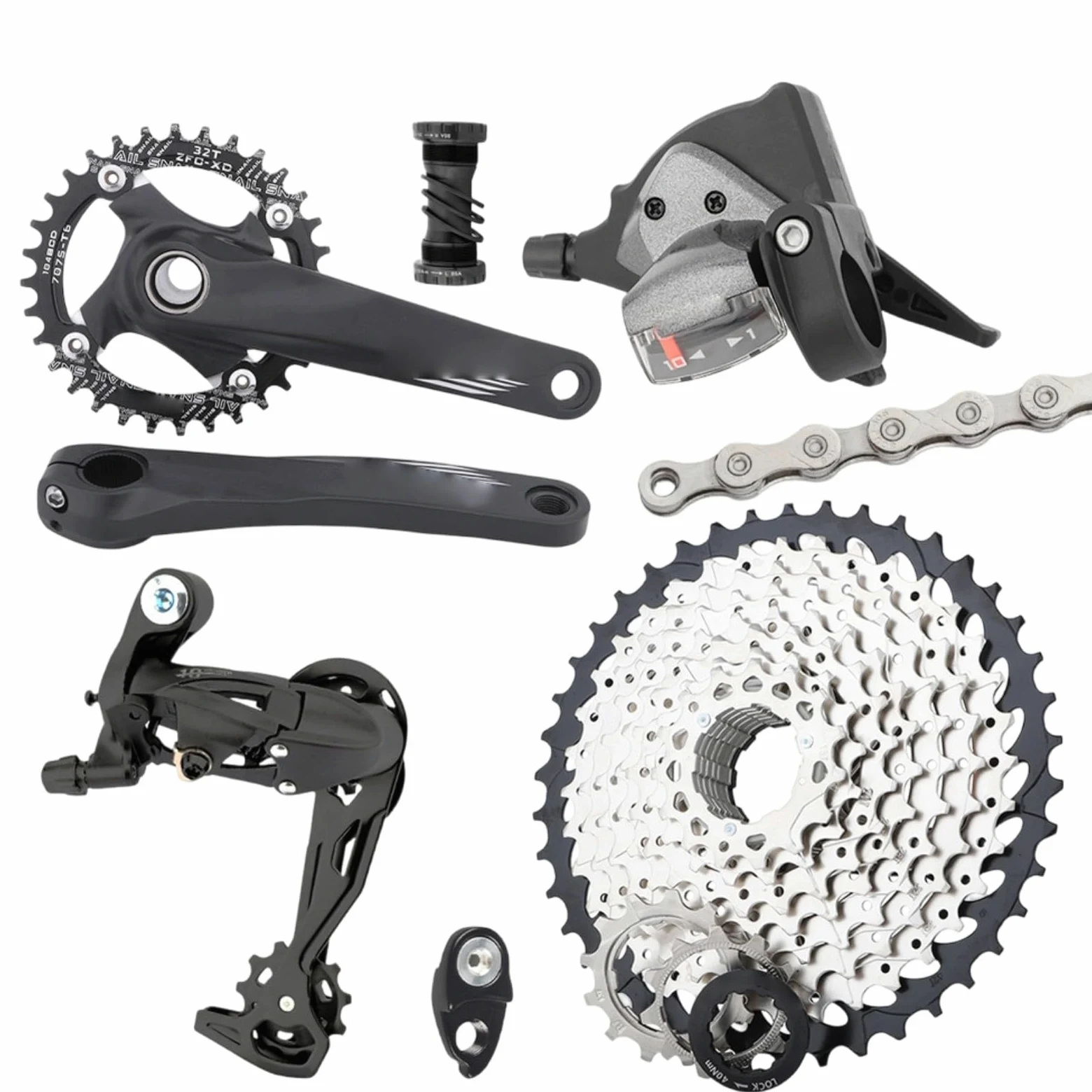 RichVibe Grupo MTB de 10 velocidades que incluye bielas huecas 36T, cadena 42T, palanca de cambios de cadena y desviador trasero para uso en senderos y carreteras