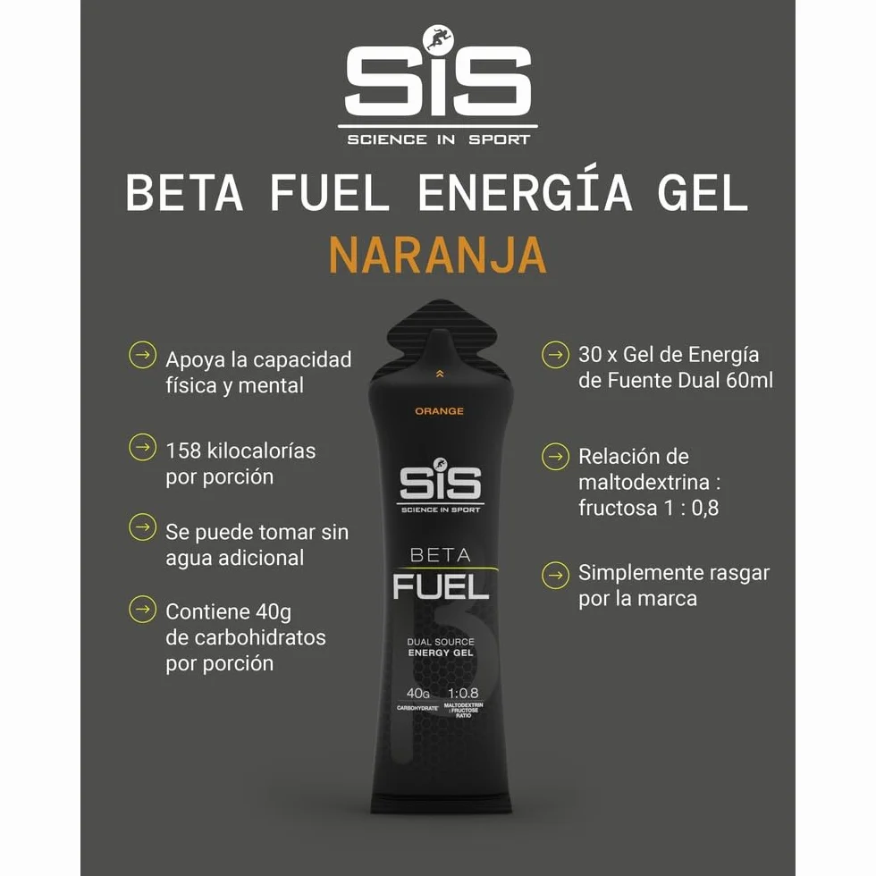 Science in Sport Beta Fuel Gel Energético Doble Fuente 30 x 60ml Naranja Vegano 40g Carbohidratos 1:0.8