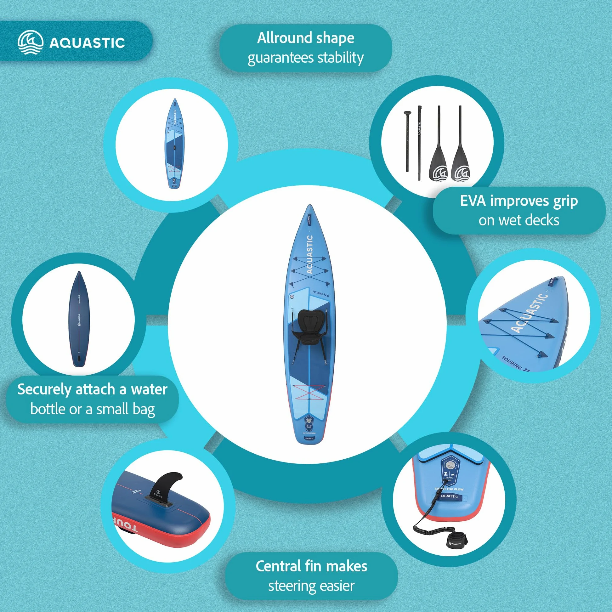 AQUASTIC Touring - Tabla Hinchable, 350 cm, con Asiento de Kayak, Remo, Bomba y Mochila