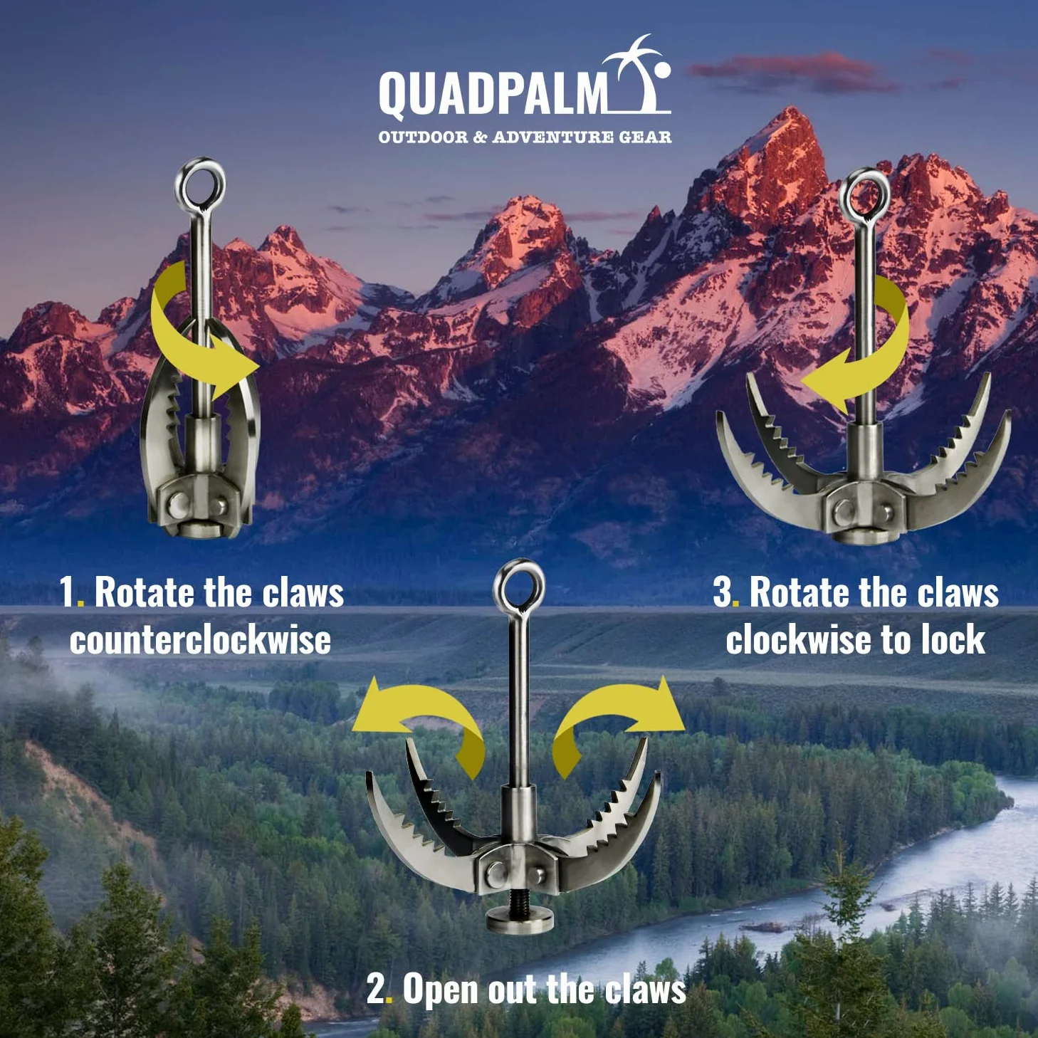 Grappling Hook with 10m Rope – Multifunctional QUADPALM Grapple Hook - 4 Stainless Steel Folding Claws - Heavy Duty - Outdoor Camping Hiking Tree Rock Mountain Climbing Equipment