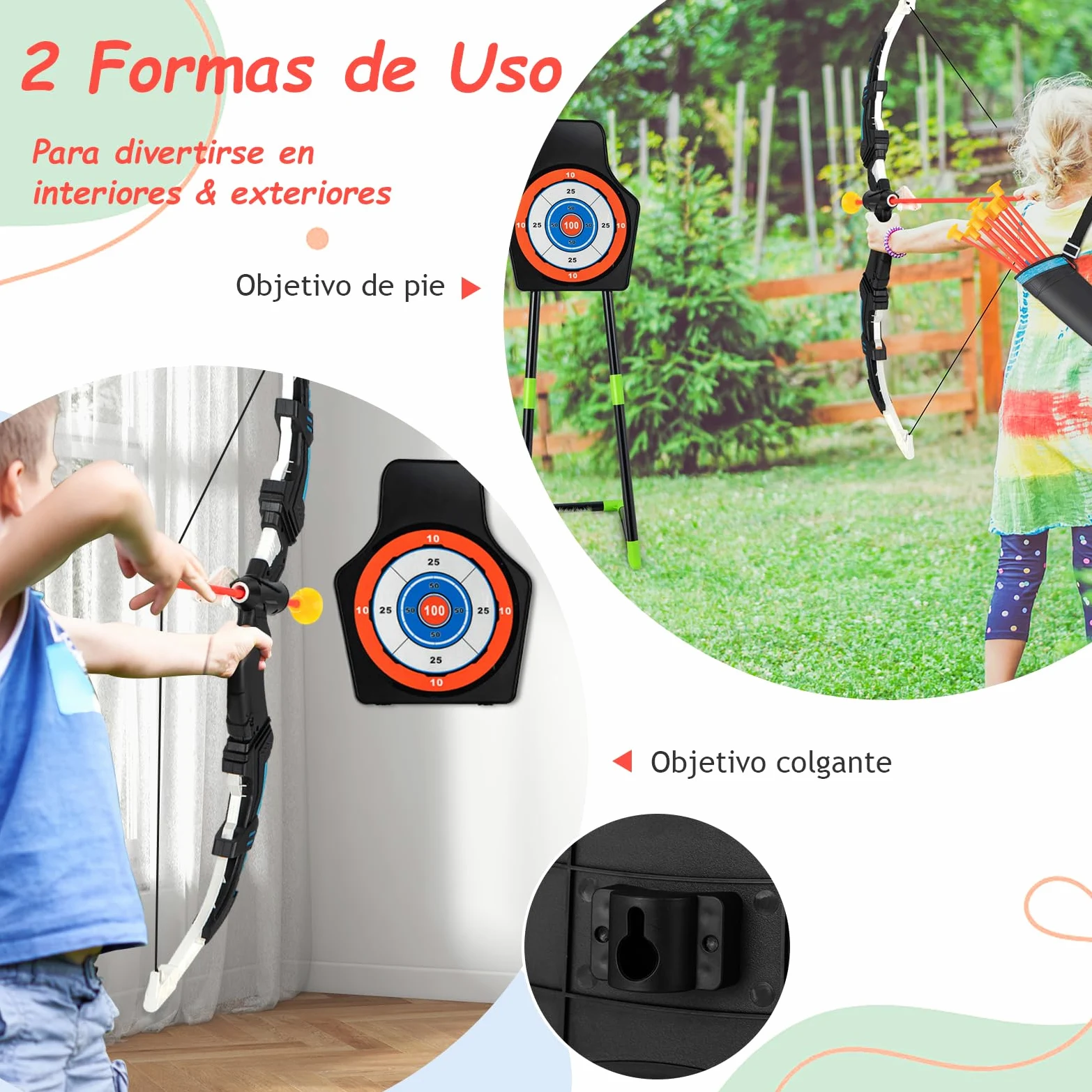 GOPLUS Juego de Arcos y Flechas para Niños, Set de Tiro con Arco LED con 20 Flechas con Ventosa, 2 Carcajs, Diana Desmontable, Set de Tiro al Aire Libre para Niños de 3 a 12 Años