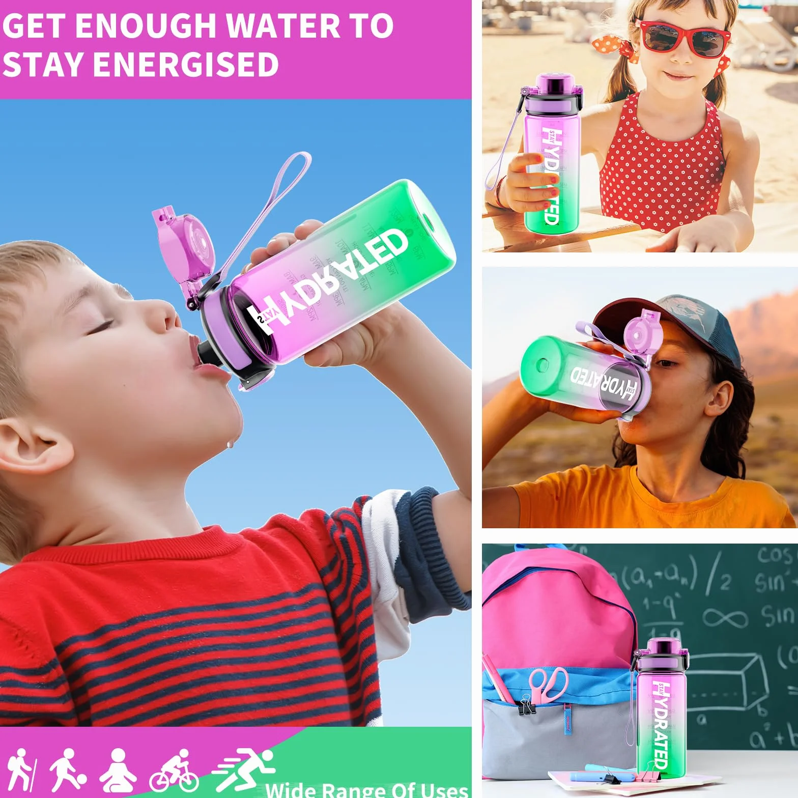 Mevoly Botella Agua Niños 500ML, Botella Agua Gimnasio sin BPA con Marcador de Tiempo, Plastico Botella de Agua Deportiva Motivacional, Cantimplora para Colegio, Bicicleta