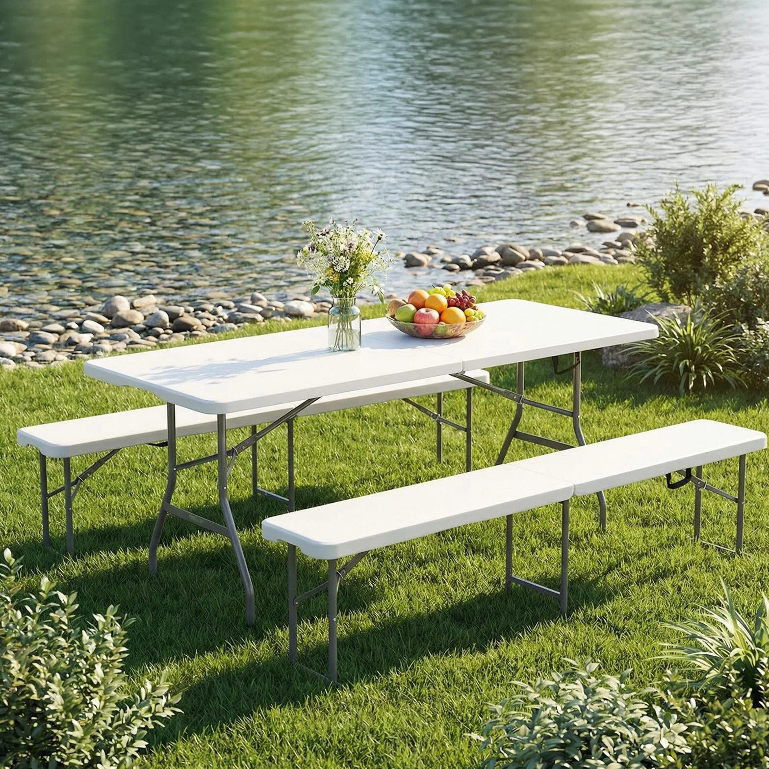 YOEVU Mesa Plegable con 2 Bancos, Conjunto Picnic 180 cm, Set Portátil Tipo Maleta, Estructura de Acero Resistente hasta 240 kg, para Camping, Jardín, Terraza y Eventos