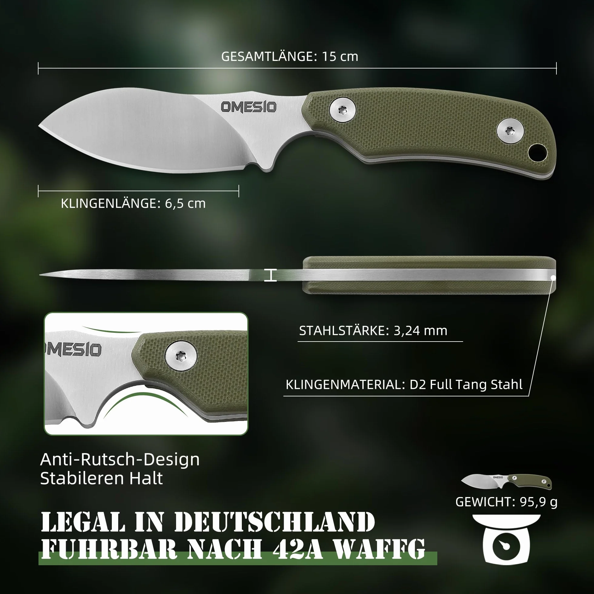 Omesio EDC Couteaux - Cuchillo de Cuello con funda Kydex, Cuchillo de Cuello Acero fijo pequeño D2 Full Tang Mango G10 Punta Nessmuk
