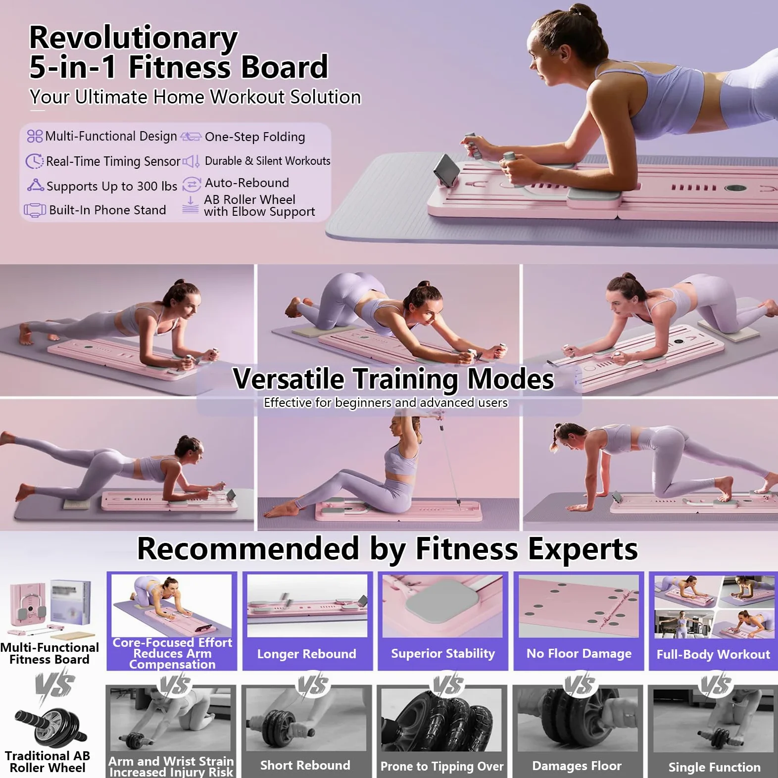 NILoykg& Rueda Abdominal, AB Roller Wheel Board 'Versátil Rebote automático Fitness Trainer Board Diseño Plegable con Bandas de Resistencia y Soporte para teléfono para Mujeres y Hombres