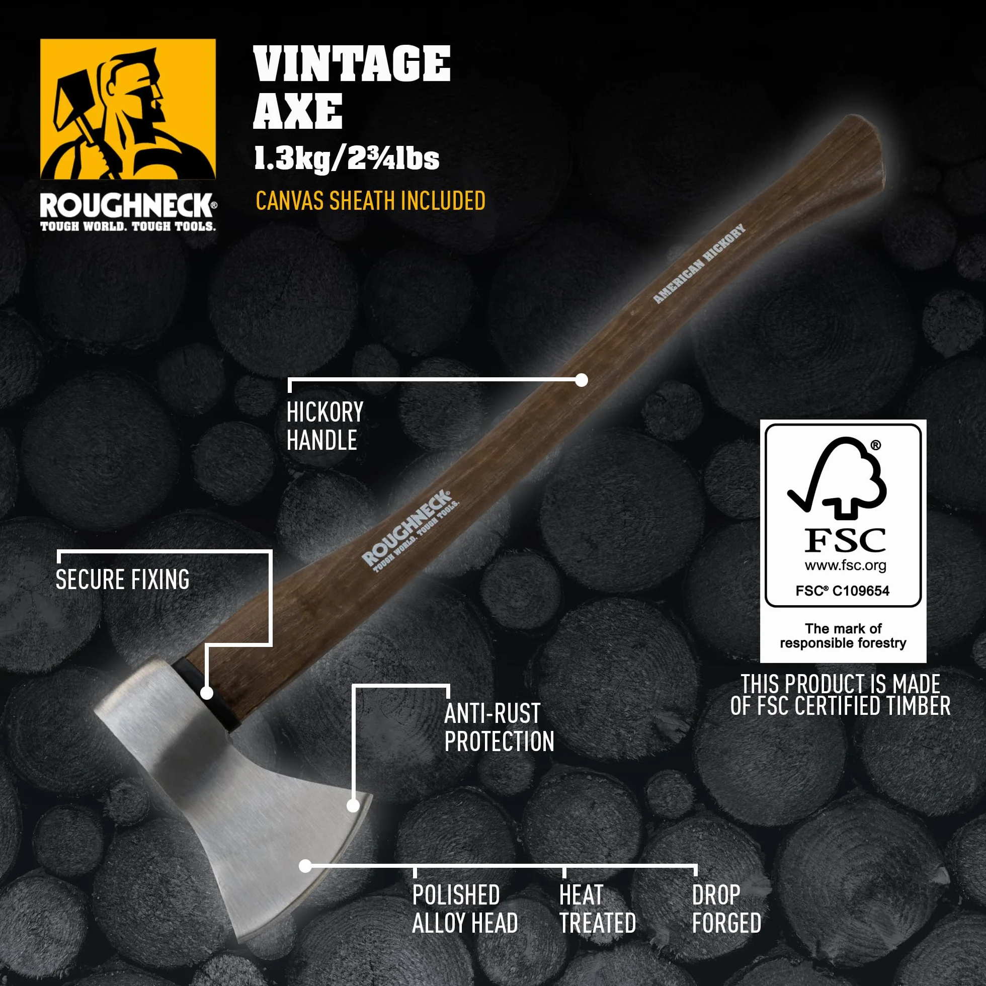 Roughneck ROU65673 Axt mit traditionellem Hickory-Stiel, gesenkgeschmiedet, wärmebehandelter Stahl mit schützender Segeltuchscheide – 1,25 kg (2¾lbs)