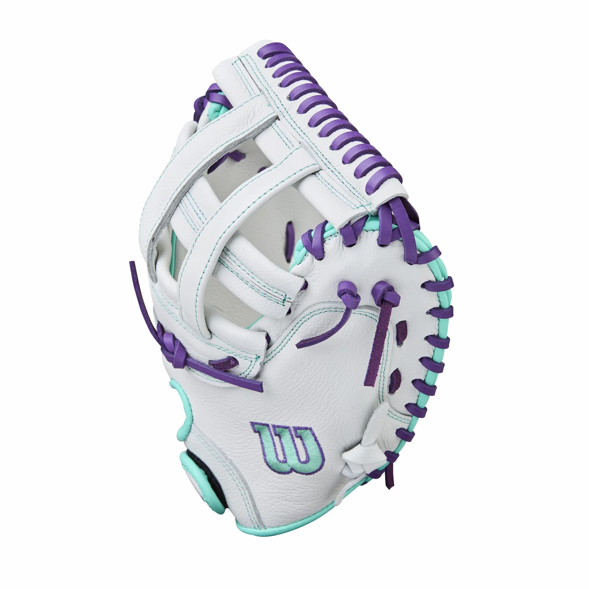 Wilson Manopla para receptores de sóftbol de lanzamiento rápido A500 de 32 pulgadas, para lanzar a la derecha, blanco/espuma de mar/morado