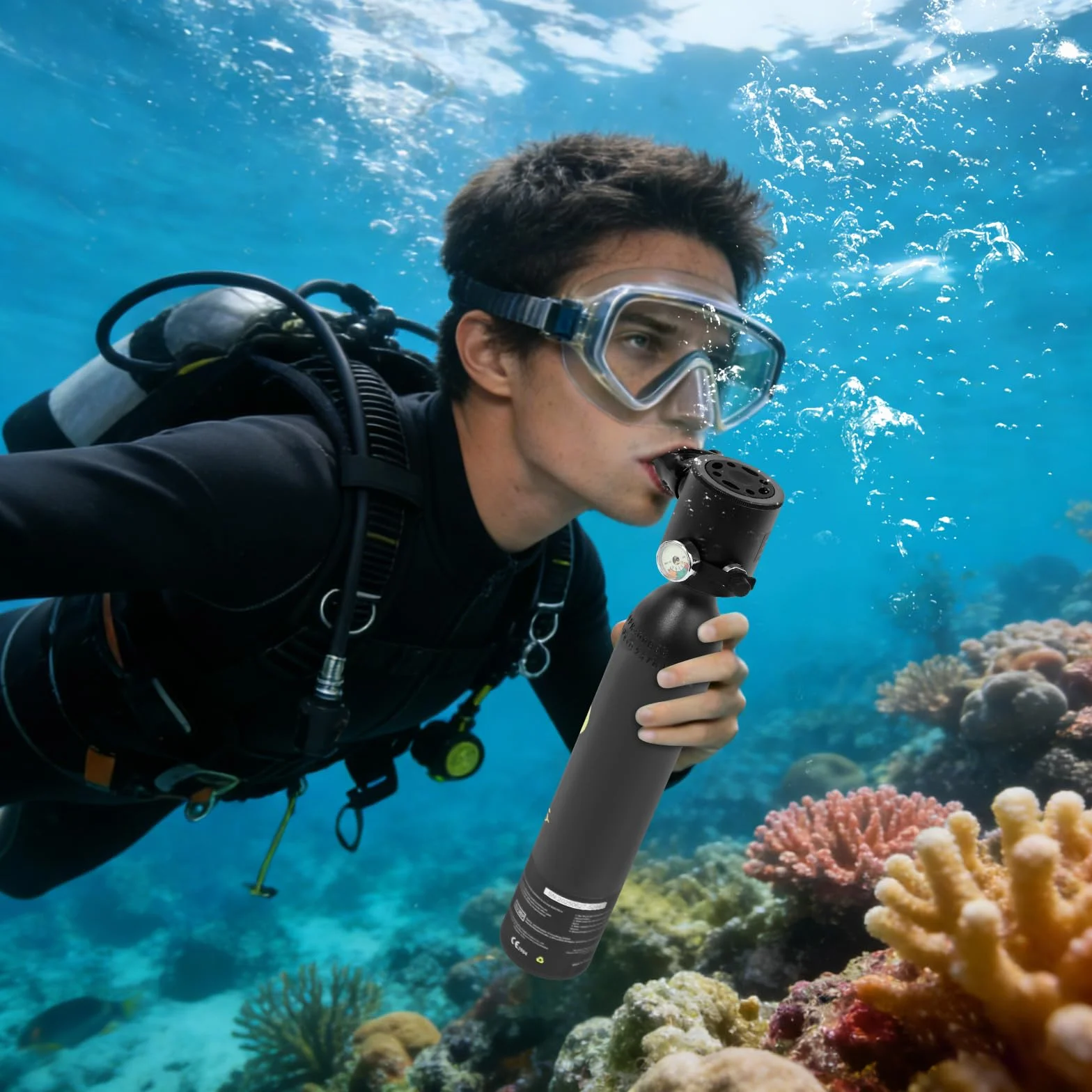 Mini botella de buceo de 0,5 l, pequeña botella de oxígeno sumergible con bomba de mano de alta presión, botella de buceo portátil, reutilizable, para esnórquel, rescate de agua, ayuda respiratoria de