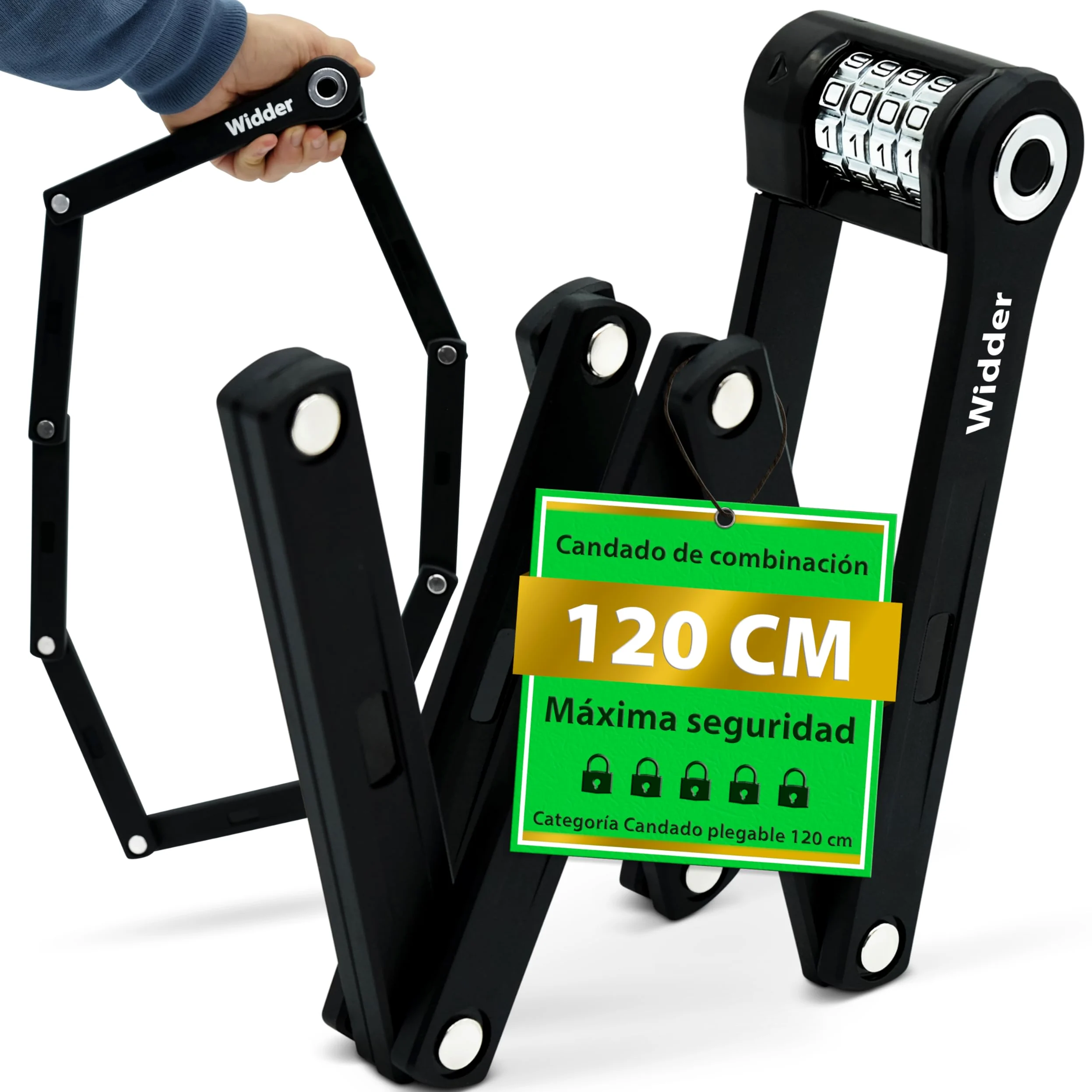 WIDDER 120cm Antirrobo bici extremadamente seguro | Titanio‑Acero nivel 15 | Candado de combinación | Candado plegable bicicleta de 120 cm con soporte | Antirrobo bici eléctrica & e‑scooter con código