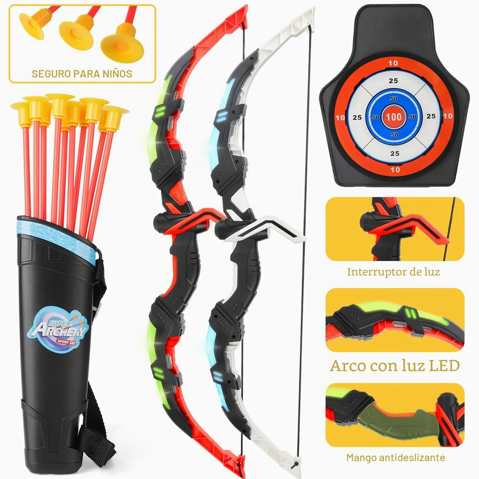 deAO Juego de 2 Arcos y Flechas con LED para Niños, 20 Flechas con Ventosas, Diana Móvil + 6 Objetivos, 2 Carcajes, Juguete de Tiro con Arco Interior y Exterior, Regalo Niñas Niños 3-12 Años