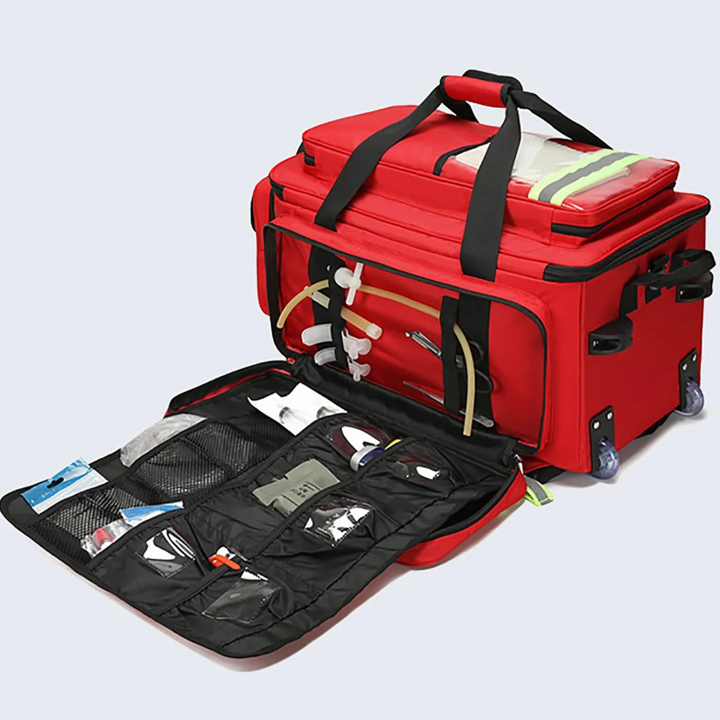 First Responder - Bolsa de transporte de gran capacidad con ruedas, bolsa de lona portátil para tanque de oxígeno, vacía con compartimentos, bolsa para botiquín de primeros auxilios al aire libre