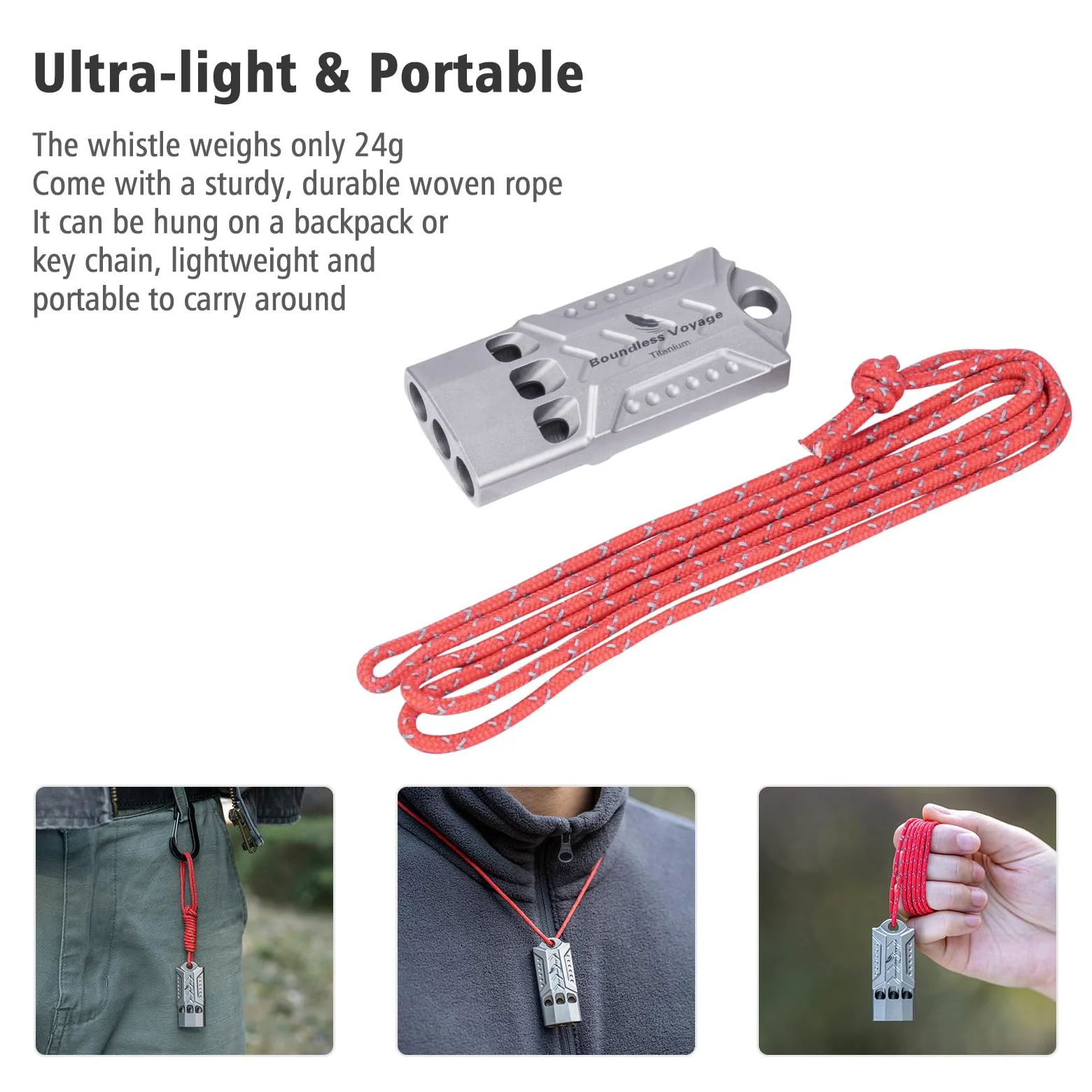Boundless Voyage Silbato de titanio para emergencias y supervivencia, silbatos de seguridad con cordón fuerte para salvar vidas, senderismo, entrenamiento de mascotas, entrenador, silbatos deportivos