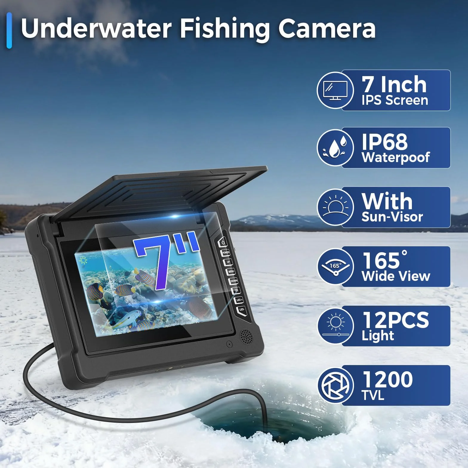 Cámara de Pesca Submarina 7" IPS con Visera, HD 1200TVL Gran Angular, IP68, Fish Finder para Hielo Mar Lago