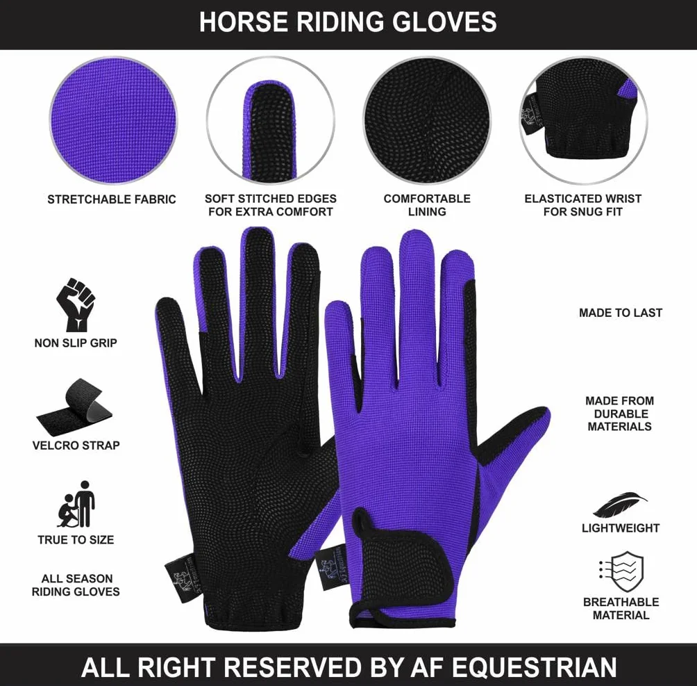 AFE Ladies Horse Riding Gloves Track Fabric Gloves Synthetic Leather Equestrian Black Stretch Fabric Pink Purple Lilac